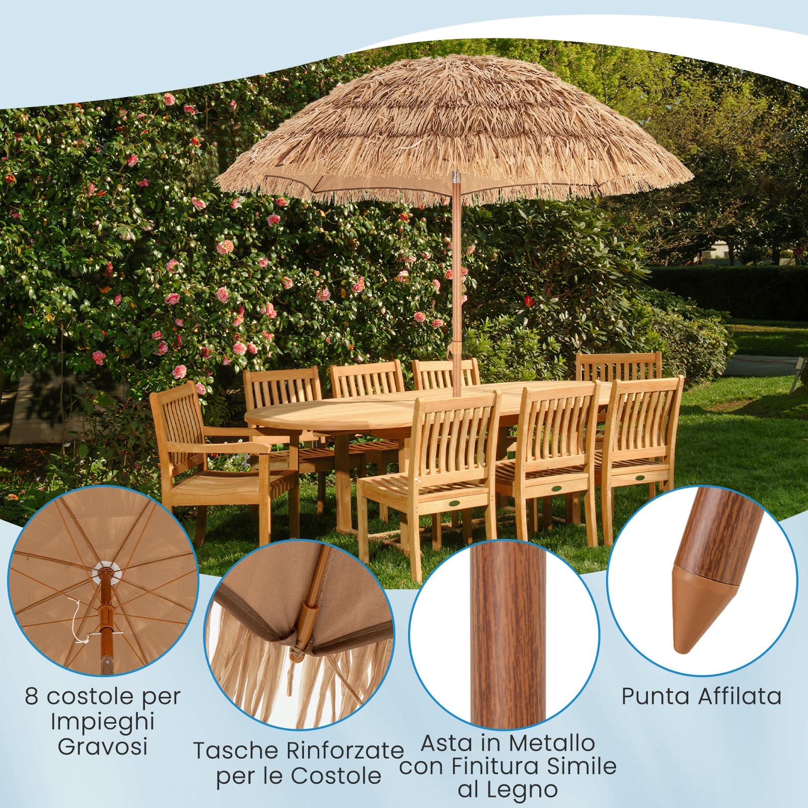 GYMAX Ombrellone Paglia PE 2,7 M, a 9 Strati, Inclinazione a 35°, Doppio Top, Struttura Stabile in Metallo e Antivento, Adatto Spiaggia, Giardino, Terrazza, Hawaiano