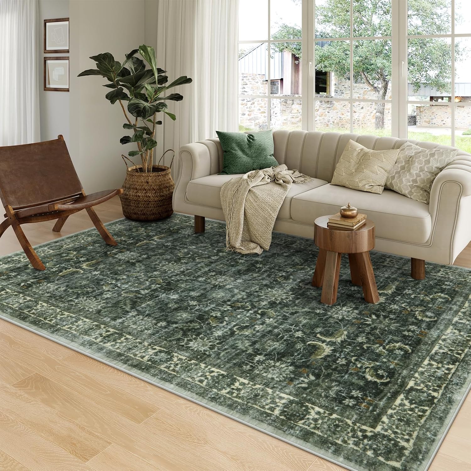 Anidaroel Washable Area Rugs 9x12 Living Room, Distressed Green Large Area Rug, Soft Boho Rug for Bedroom, Non Slip Stain Resistant Dining Room Mat Accent Carpet for Farmhouse Nursery Dark Green 9'x12'