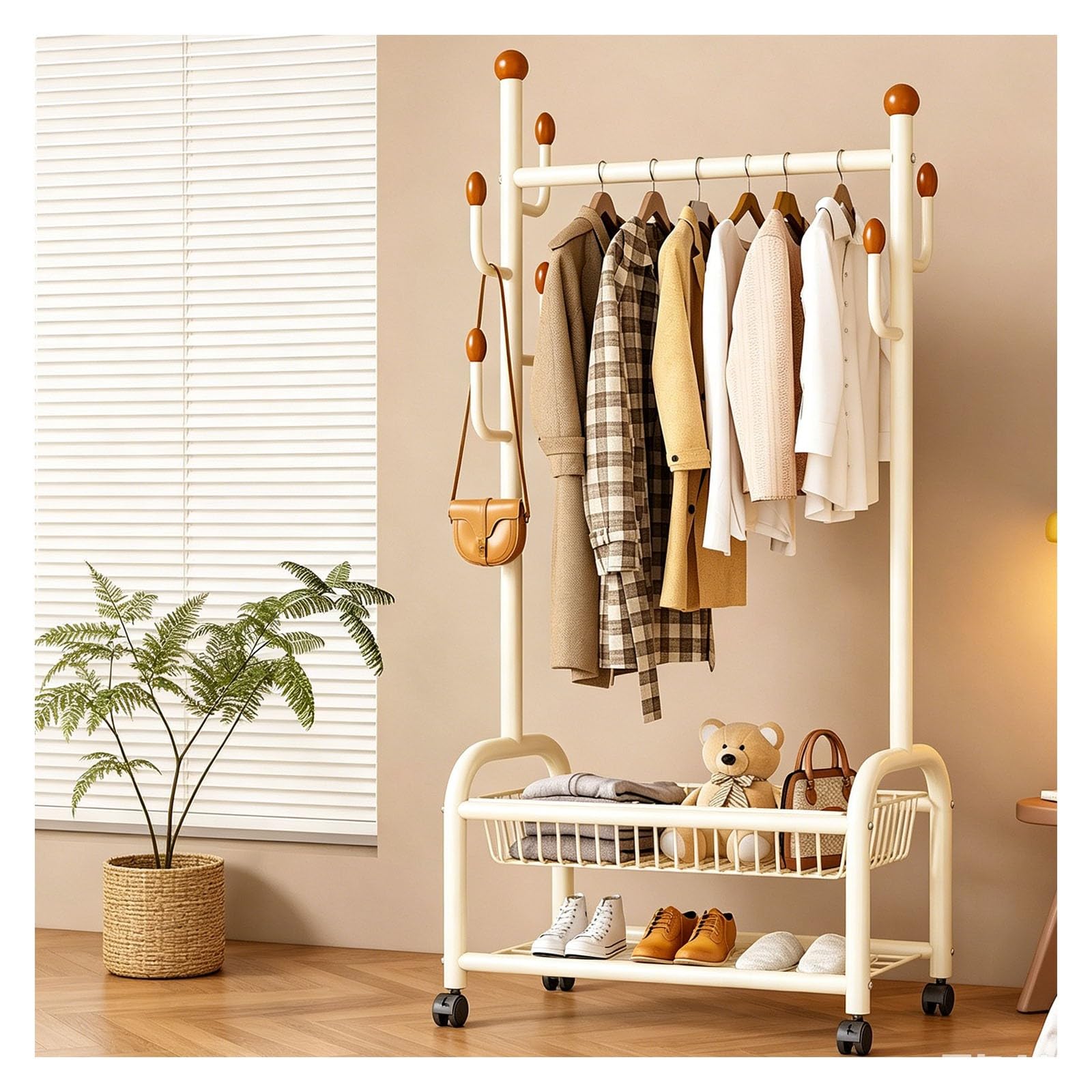 SXDHOCDZ Rolling Clothes Rack with Lockable Casters, Double Rods and Side Hooks for Bedroom Dorm Laundry(white,60cm)