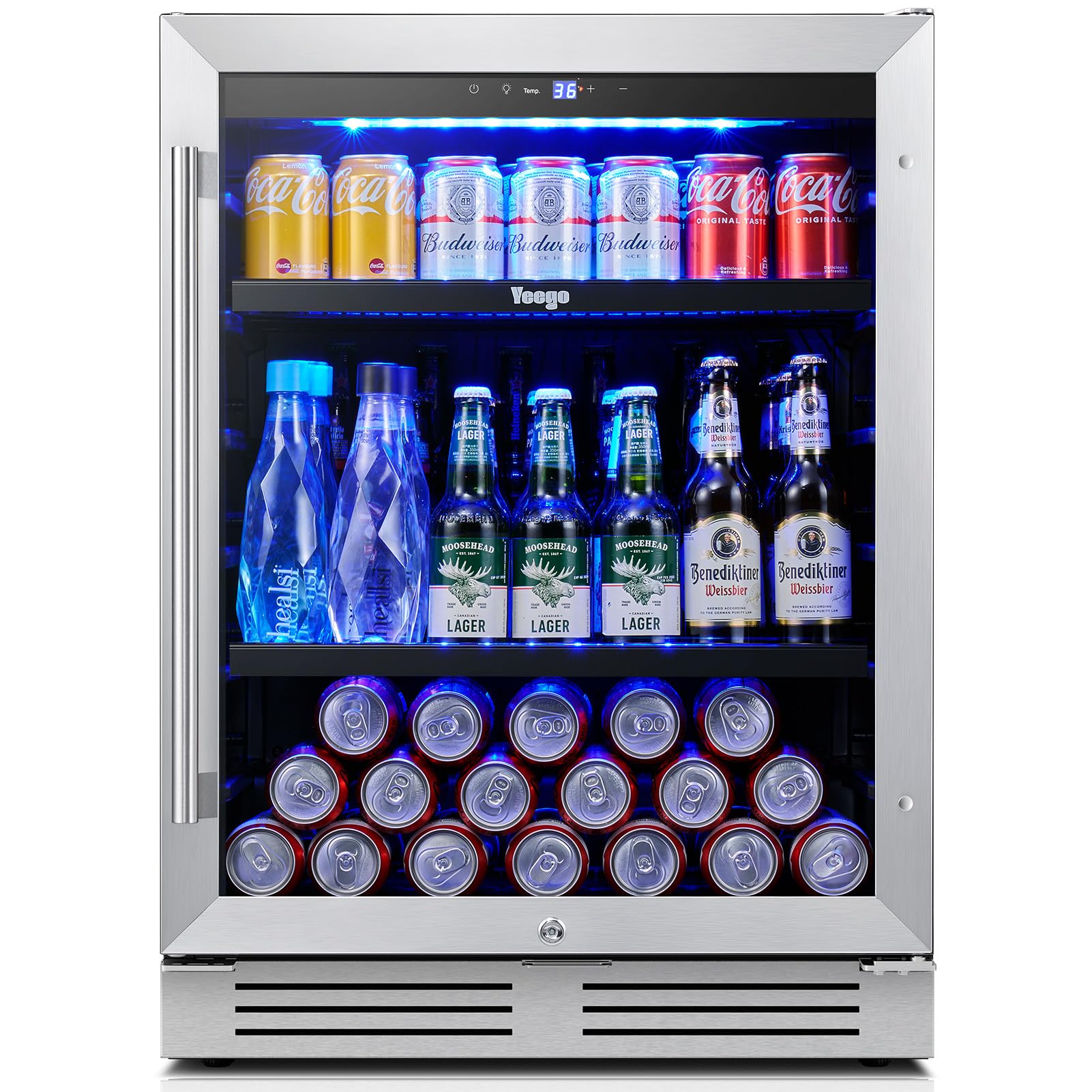 Yeego Beverage Refrigerator & Drink Fridge - 24 inch 180 Cans Beer Cooler Glass Door, 34-54℉ Under Counter Refrigerator Built-in for Drink Soda Wine for Bar Office Bedroom