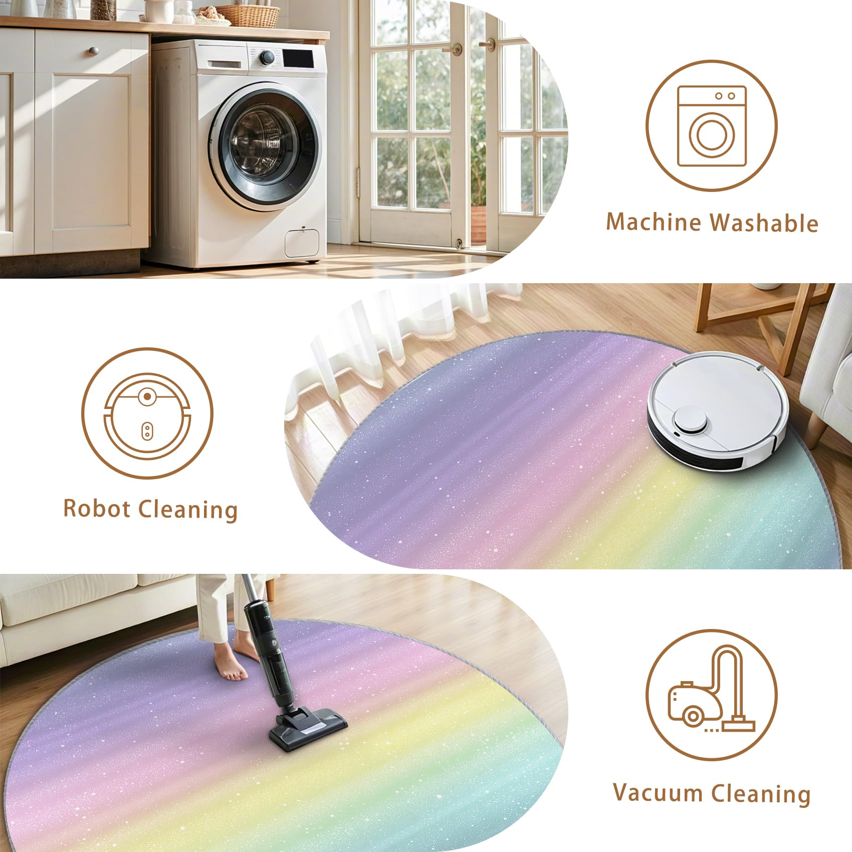 Regenbogen Mädchen Teppich Rund 100cm Kurzflor - Waschbare Teppiche Wohnzimmer Streifen Bunt Kinder Pastell - Runder Teppich 100cm Durchmesser - Bettvorleger Schlafzimmer rutschfest Weich