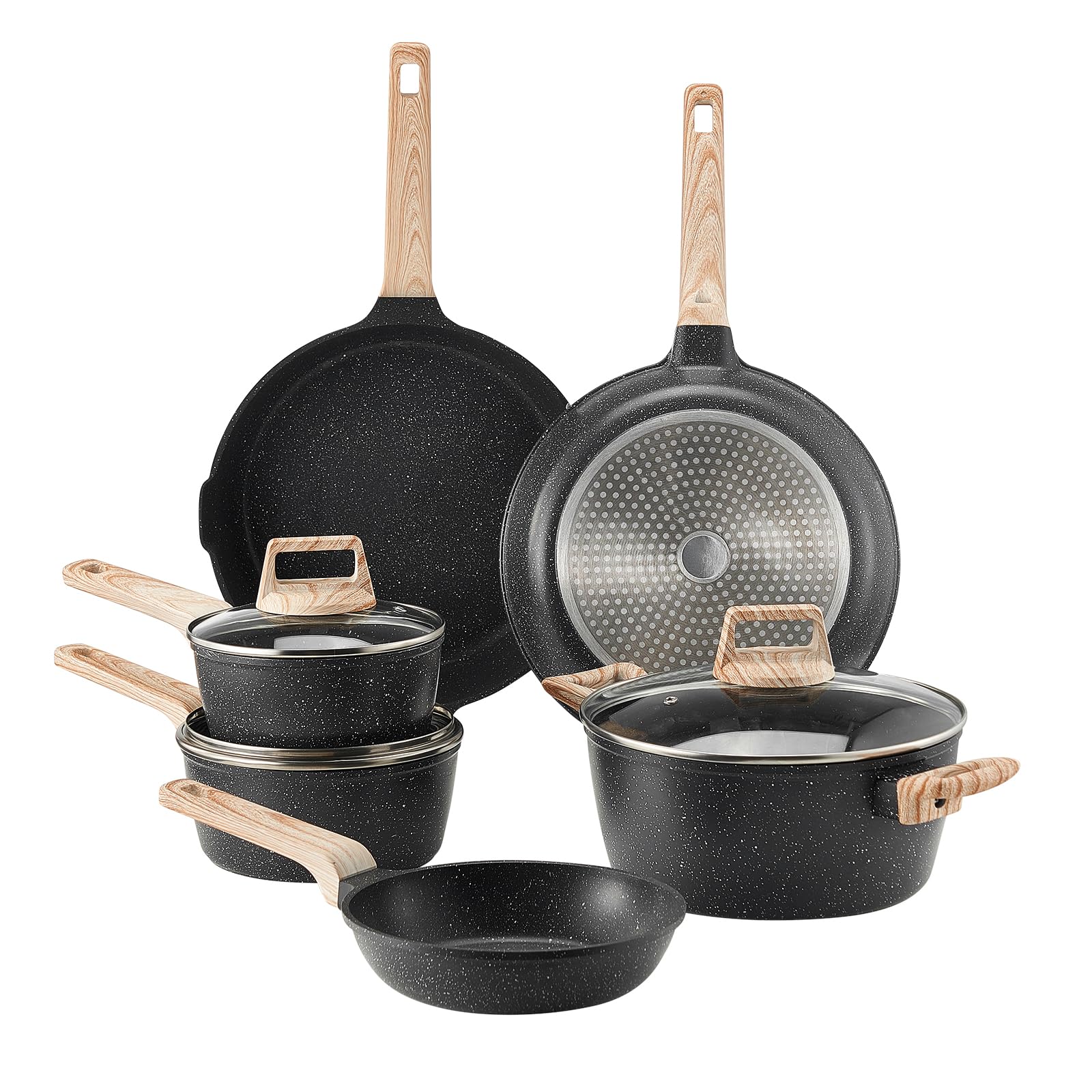 VEVOR Set di Pentole, Padelle Antiaderenti in Granito con Manico, Set di Pentole a Induzione da Cucina per Camper, con Frittura, Coperchi in Vetro Temperato, Nero 17 Pezzi