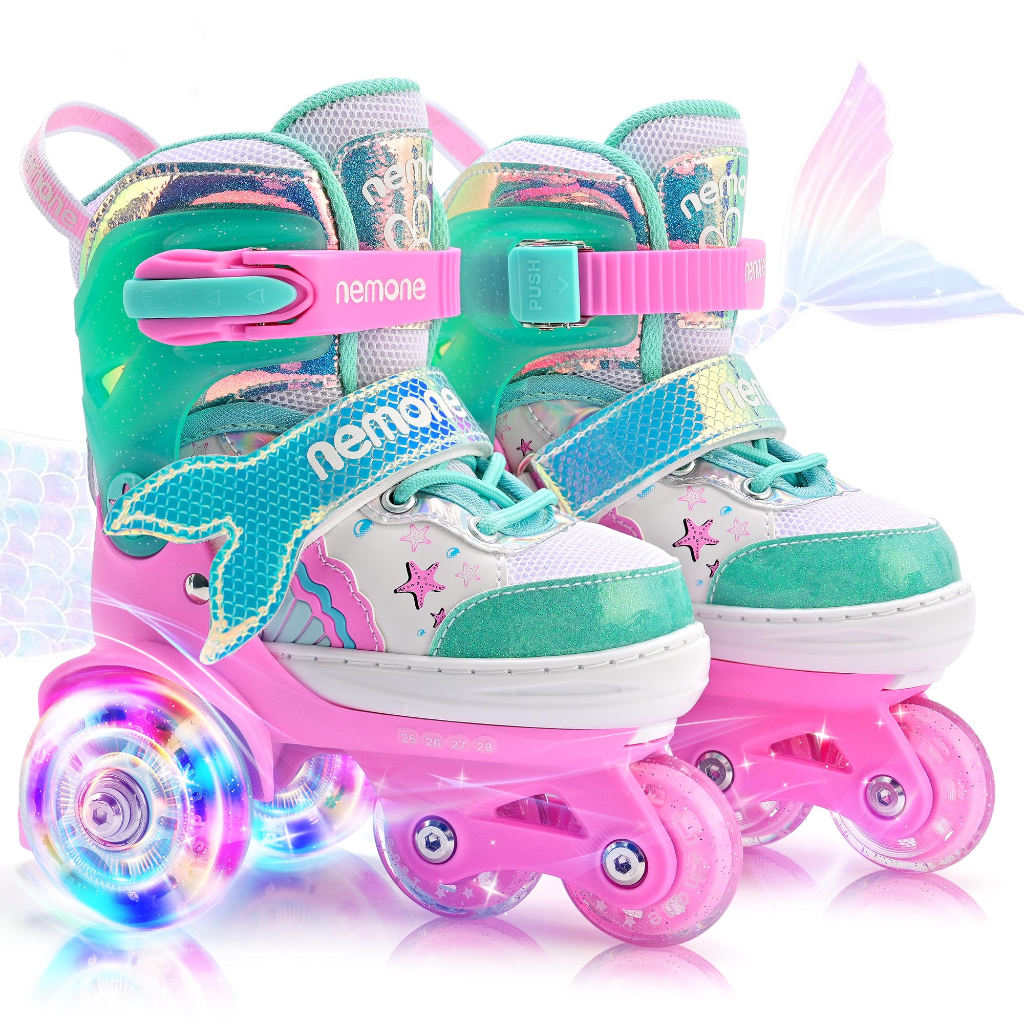 NEMONE Mermaid Adjustable Light up Roller Skates for Girls Boys