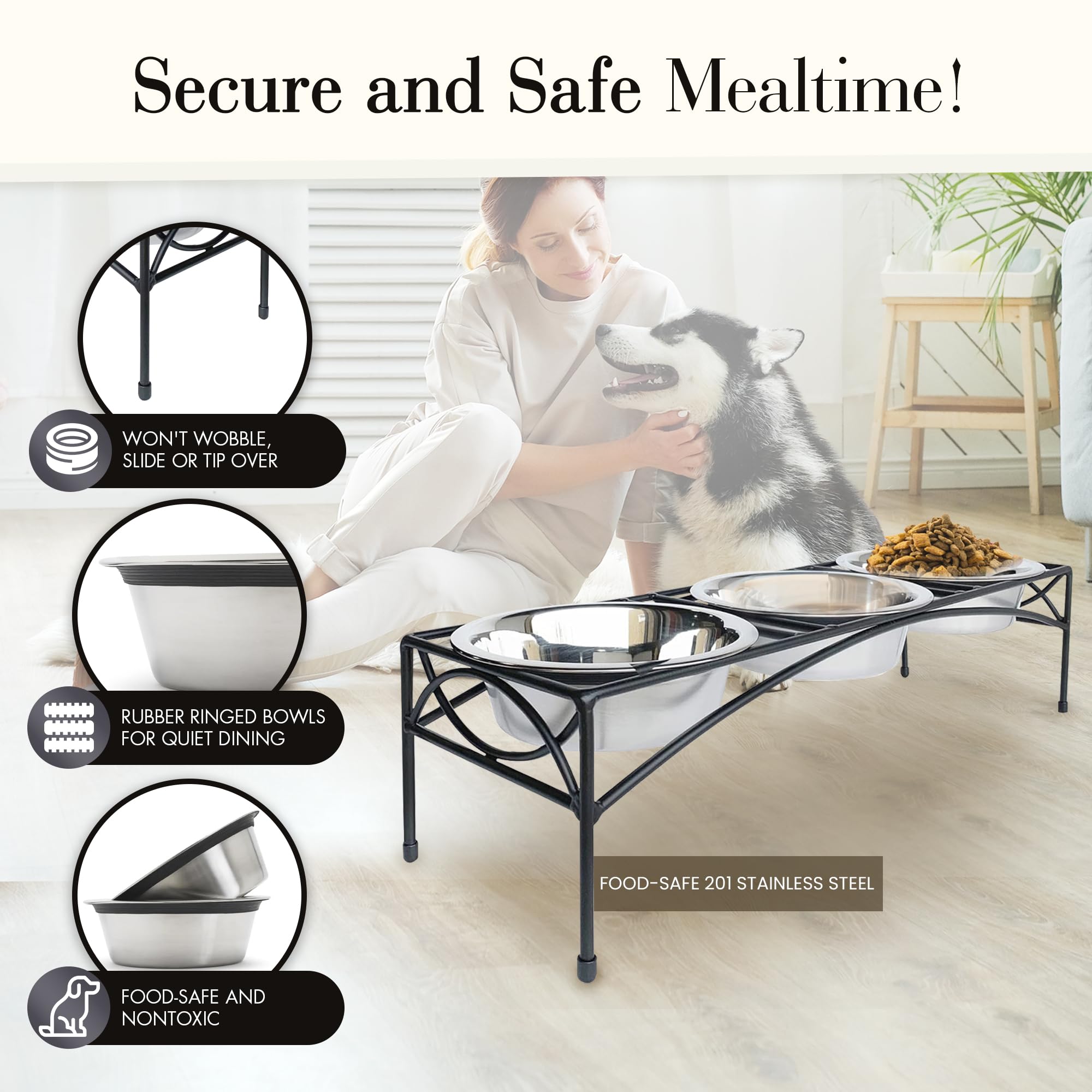 Regal - Comedero elevado de triple tazón, 7 pulgadas de alto, comedero elevado para perros, negro, estación de alimentación para mascotas de tres cuencos, alimentos, agua, cuencos elevados para