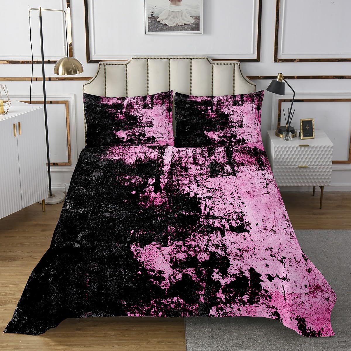 jejeloiu Abstract Bedspread for Kids Boys Girls Light Pink Black Quilted Coverlet Twin Size Modern Striped Art Coverlet Set Bedroom Decor Soft Lightweight Microfiber Geometric 2Pcs