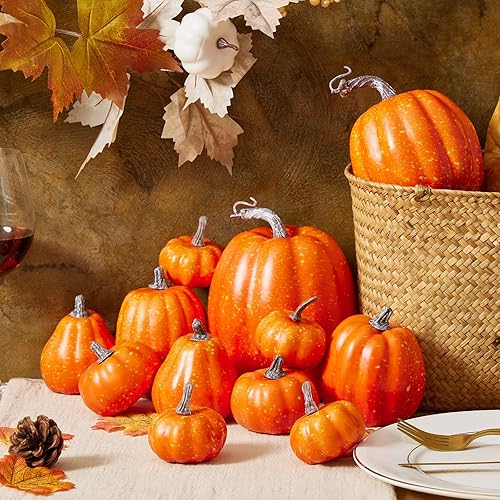 Miniatura 2 de Gupgi 12 calabazas artificiales de otoño de varios tamaños, calabazas de espuma sintética para otoño, otoño, Halloween, cosecha de Acción de