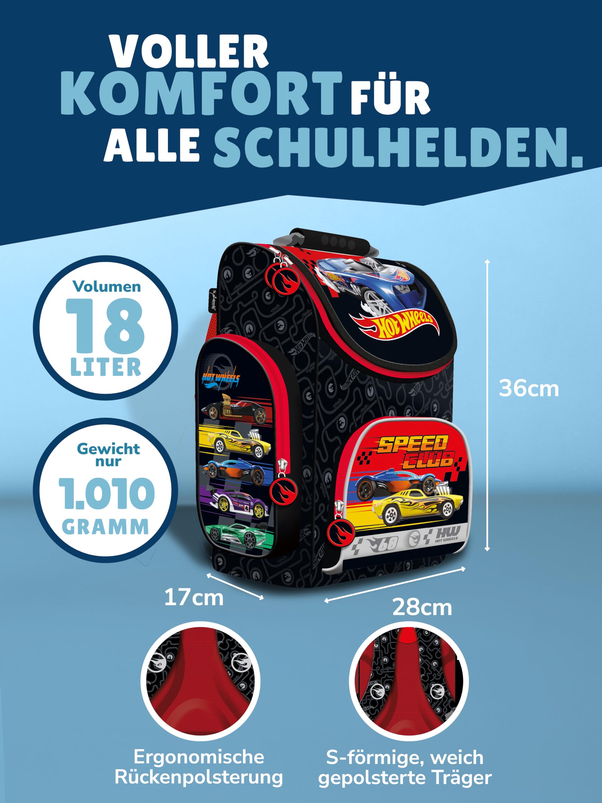 Familando - Schulranzen Set - 7-teilig mit Sporttasche - Hot Wheels - Ergonomisch, stabil & mit gepolstertem Rücken - 1010g leicht - 18L Volumen - Mit Reflektoren - Für Grundschule ab 1. Klasse