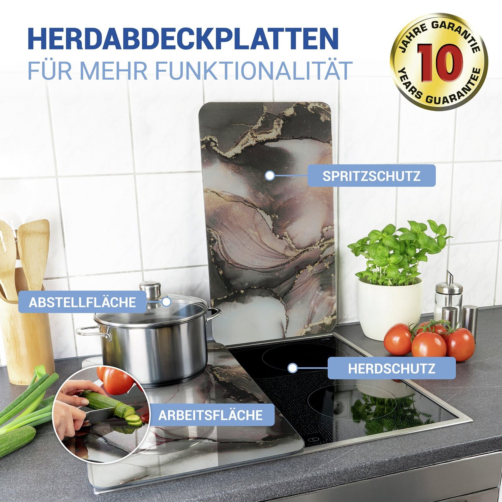 WENKO Herdabdeckplatte Universal Mod. Aquarell, höhenverstellbar für alle Herdarten, Schneidebrett und Spritzschutz, Glas, 30 x 52 cm, 2-teilig