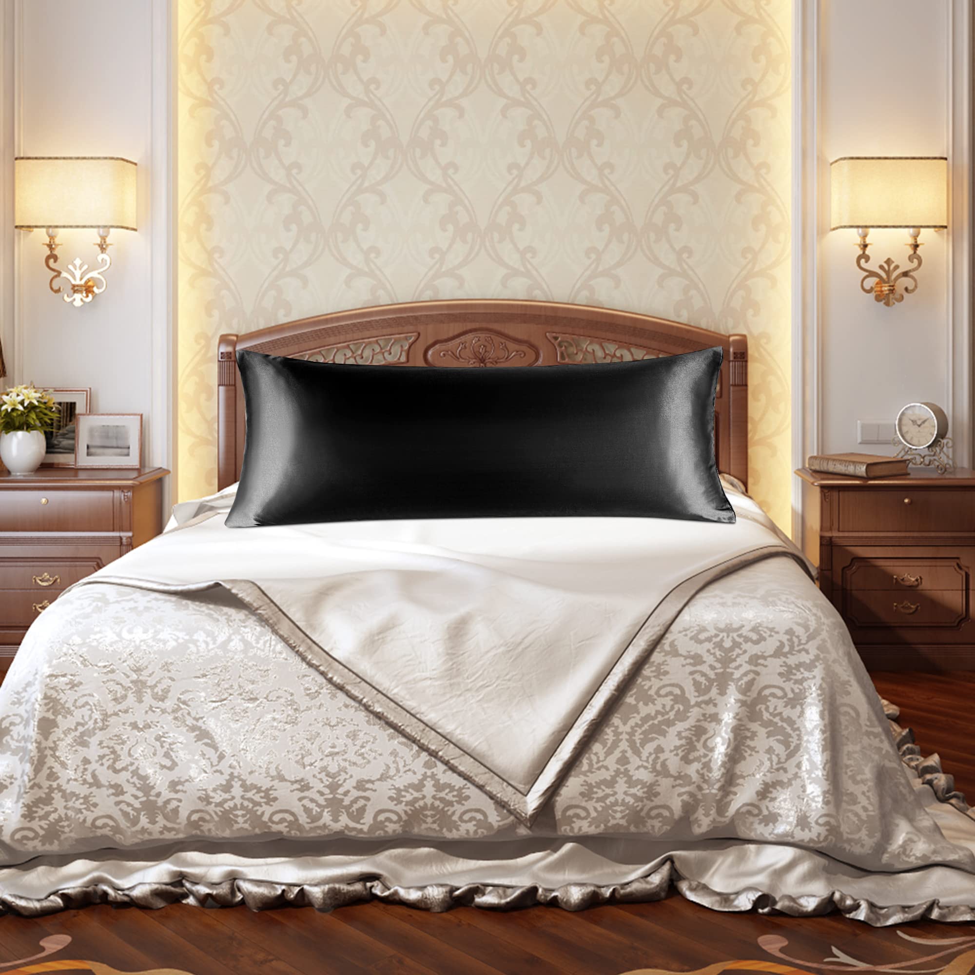 PiccoCasa 1 PC Satin Body Pillowcases for Hair and Skin Luxury Silky Pillow Cover Luxury Long Satin Pillow Cases with Envelope Closure Black 20"x60" (5ft) - Image 2