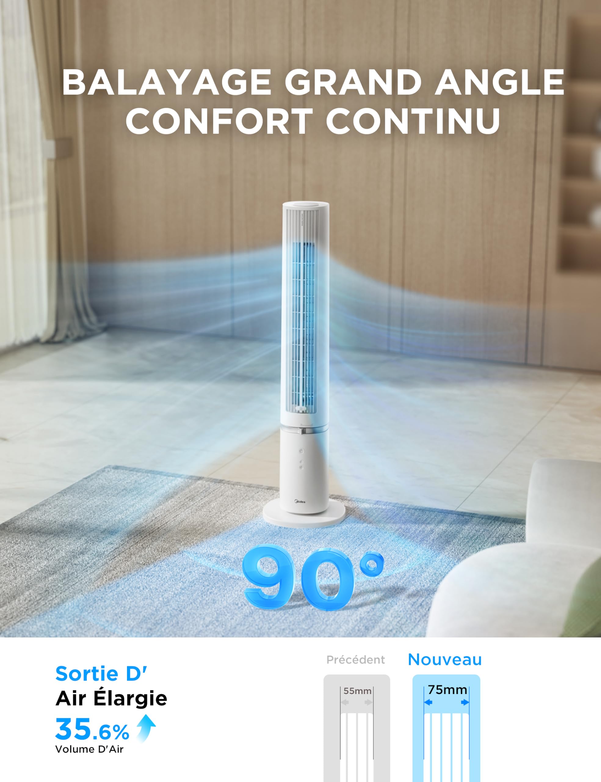 Midea Ventilateur Tour Blanc 103cm pour Chambre, Refroidissement Puissant 9m/s, Omni-Télécommande, Oscillation 90° avec Design Innovant Détachable et Lavable, 4 Vitesses, Minuterie 7H, 28 dB