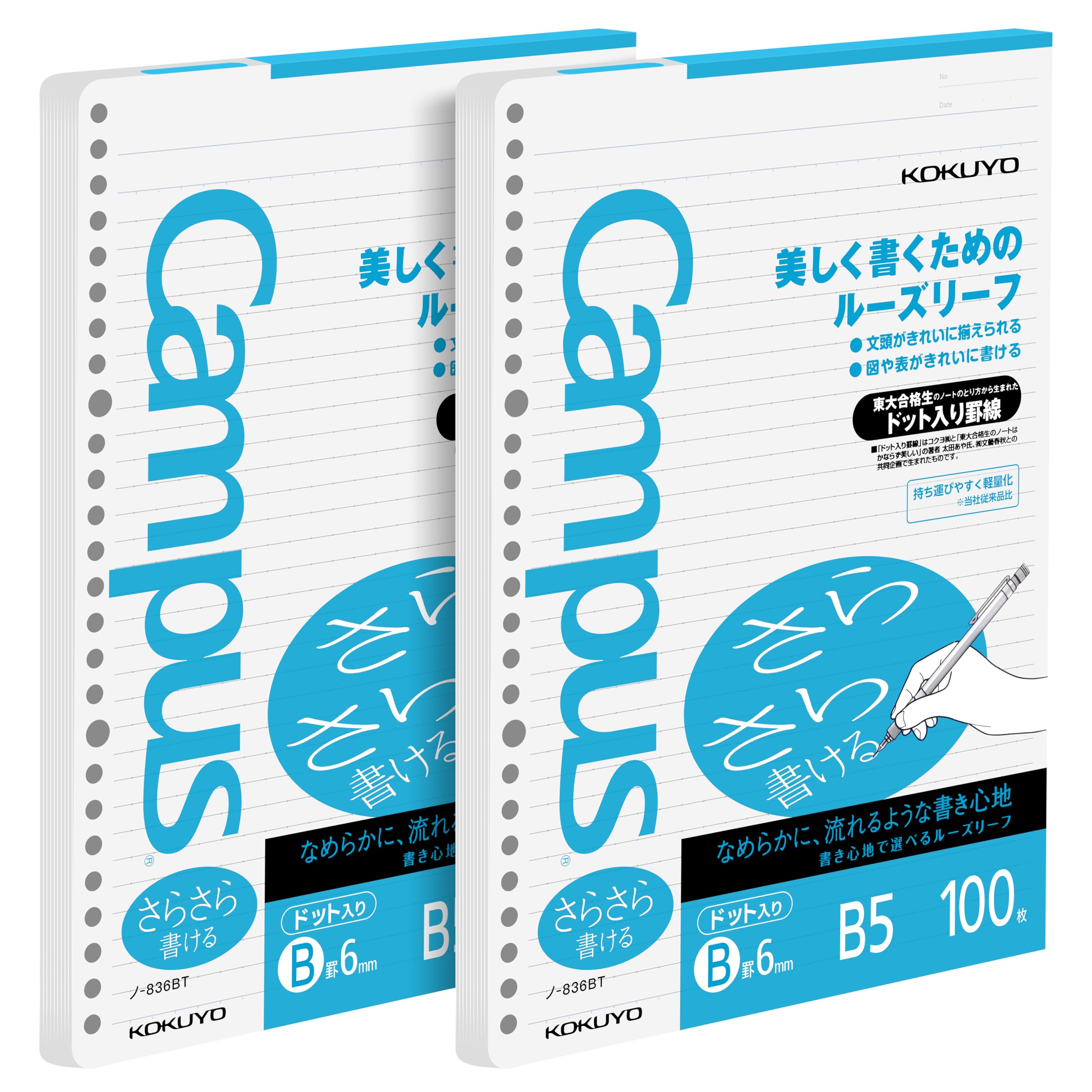 Kokuyo Campus Loose Leaf Paper for Binders, Sarasara Smooth Writing, B5, B 6mm Dotted Ruled, 26 Holes, 36 Lines, 100 Sheets, pH Neutral, Bleed Resistant, 75gsm, Pack of 2, Japan Import (NO-836BT)