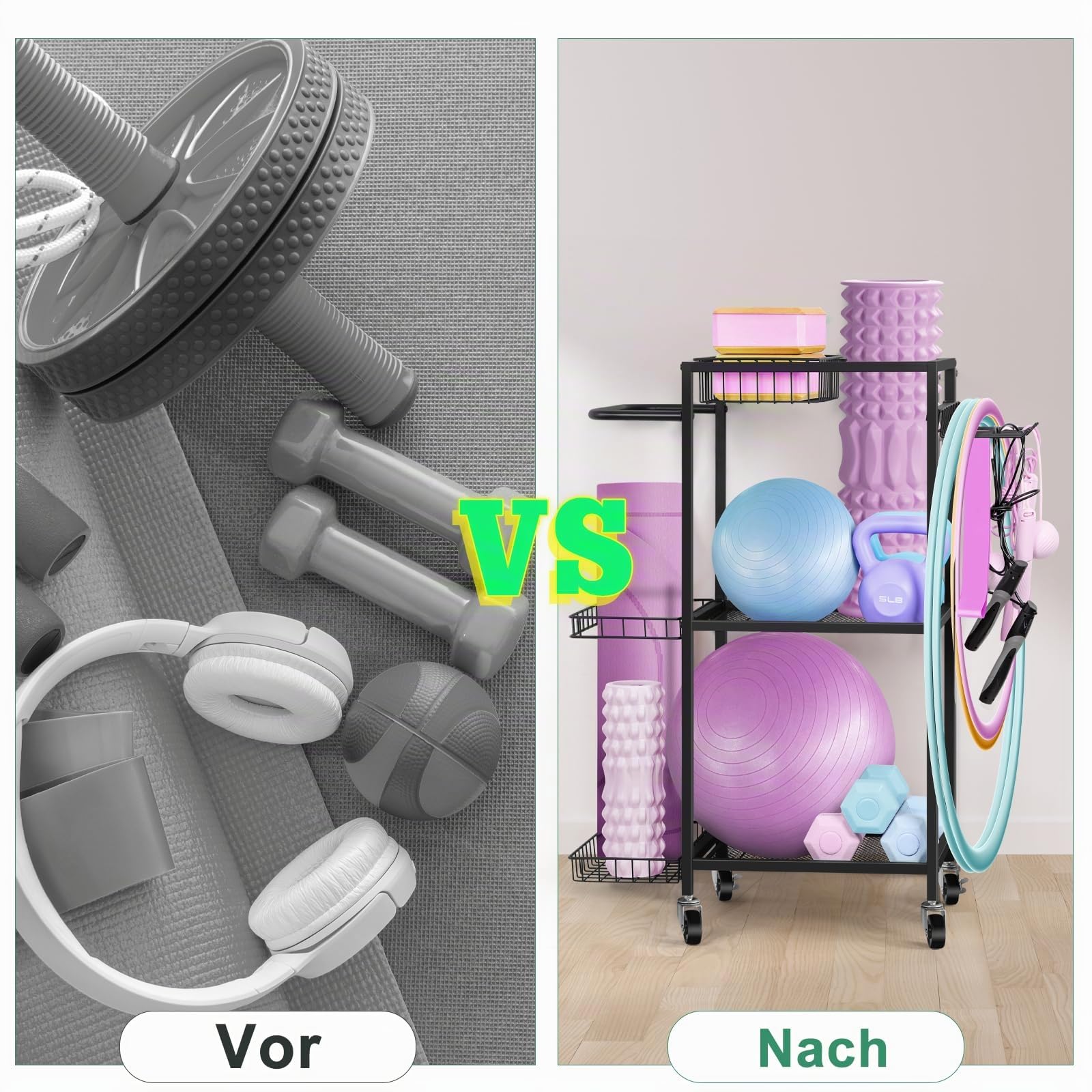Soporte para equipo deportivo y yoga, 3 niveles de almacenamiento, ruedas y 8 ganchos, para hogar y fitness