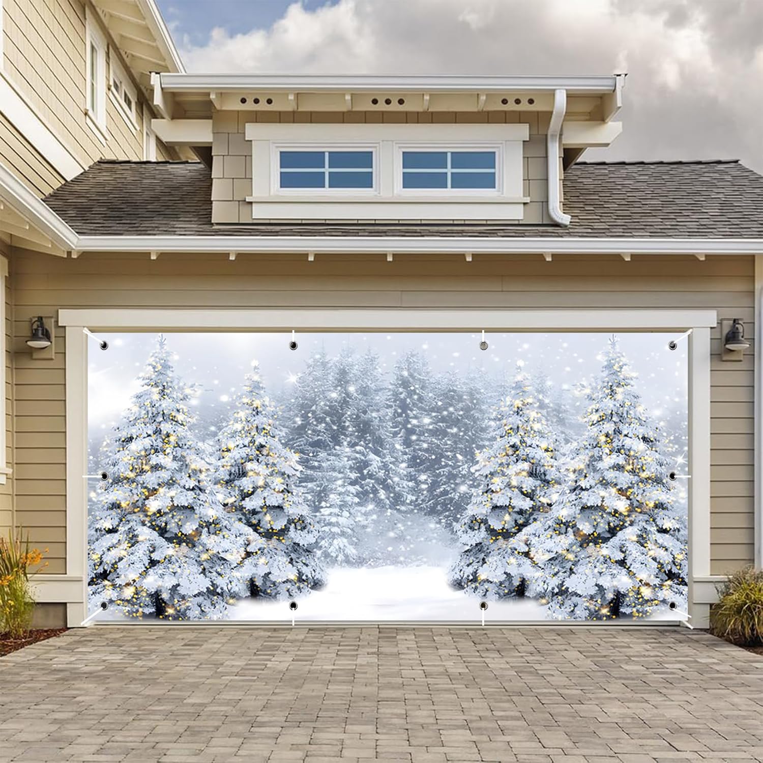 CSFOTO 7x16ft Christmas Tree Garage Door Banner Winter Snow Scene Pine Forest Photography Background Christmas New Year Festival Party Banner Portrait Photo Props