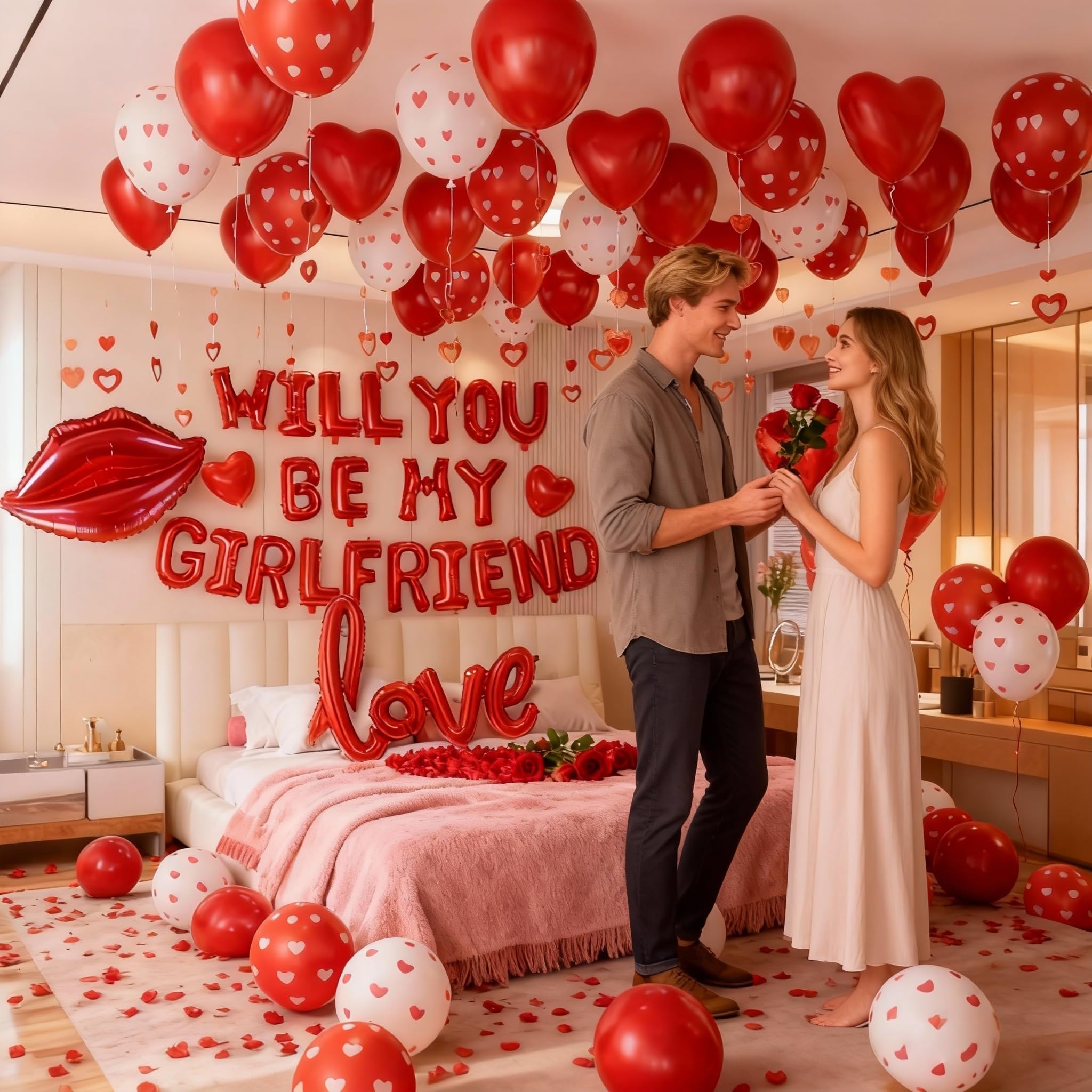 'Will You Be My Girlfriend' balon znak, 'Be My Girlfriend' propozycja, czerwony płatek róży, czerwone balony w kształcie serca, dekoracje walentynkowe