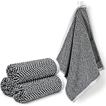 Cleanbear Washcloths 4 Pack, 100% Cotton Wash Cloths for Showering, Soft Absorbent Bathroom Washcloths, Black & White Herringbone Striped, 13 x 13 Inches
