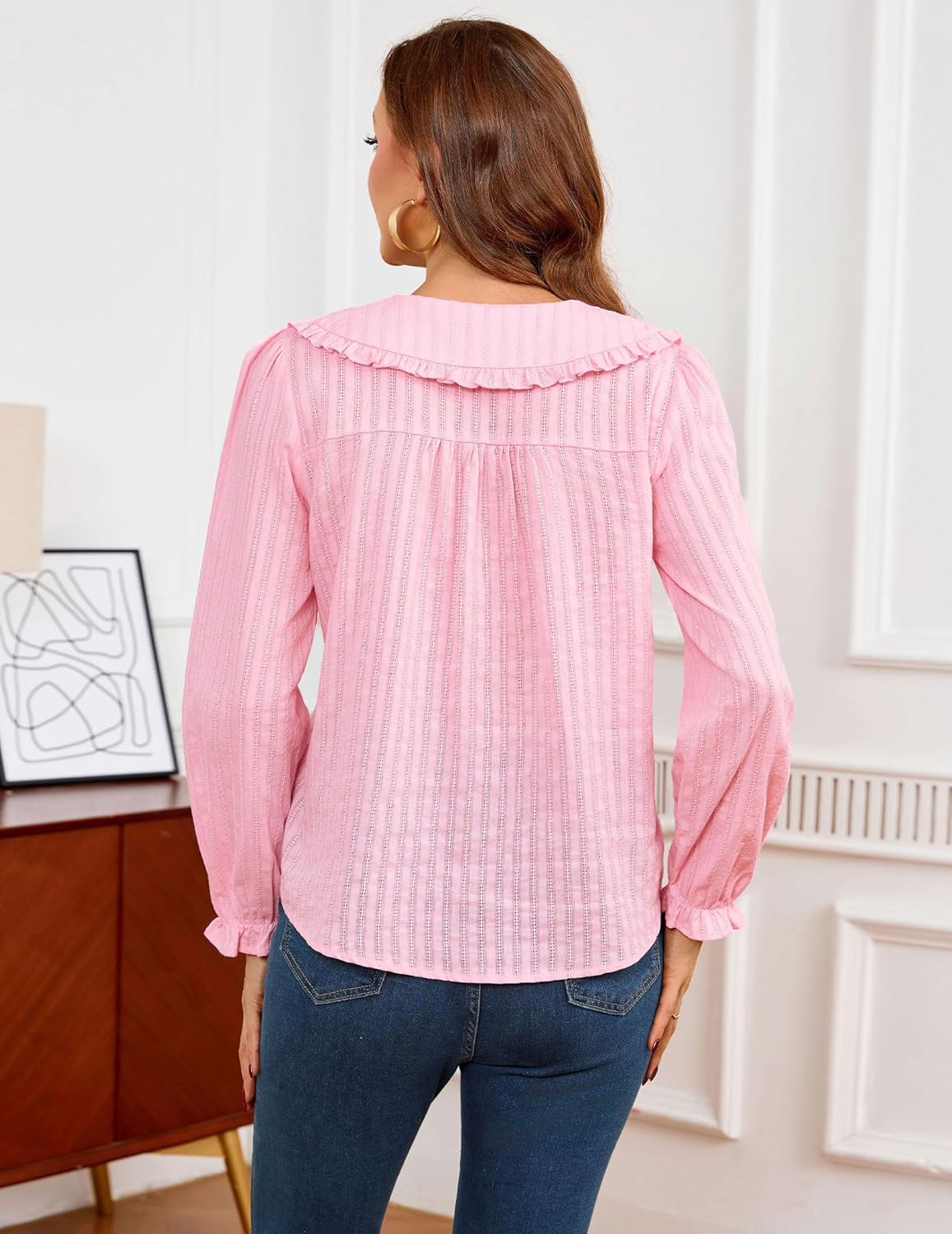 Women Spring Long Sleeve Shirts Peter Pan Collar Button Down Puff Sleeve Blouse Lightweight Casual Cotton Tops - Image 7