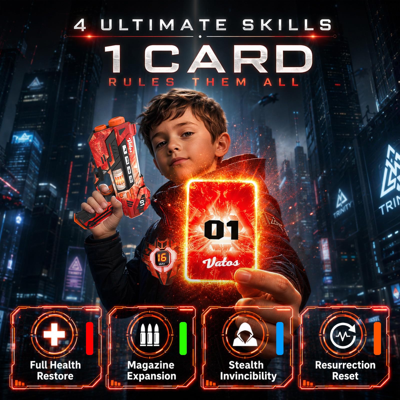 VATOS Set Laser Tag con Sensori 360°, Stazione di Ricarica e Carte Energia, 4 Pistole Laser Ricaricabili con Schermo LCD e Sincro 2,4 GHz, Gioco Laser per Interni/Esterni per Bambini e Famiglia