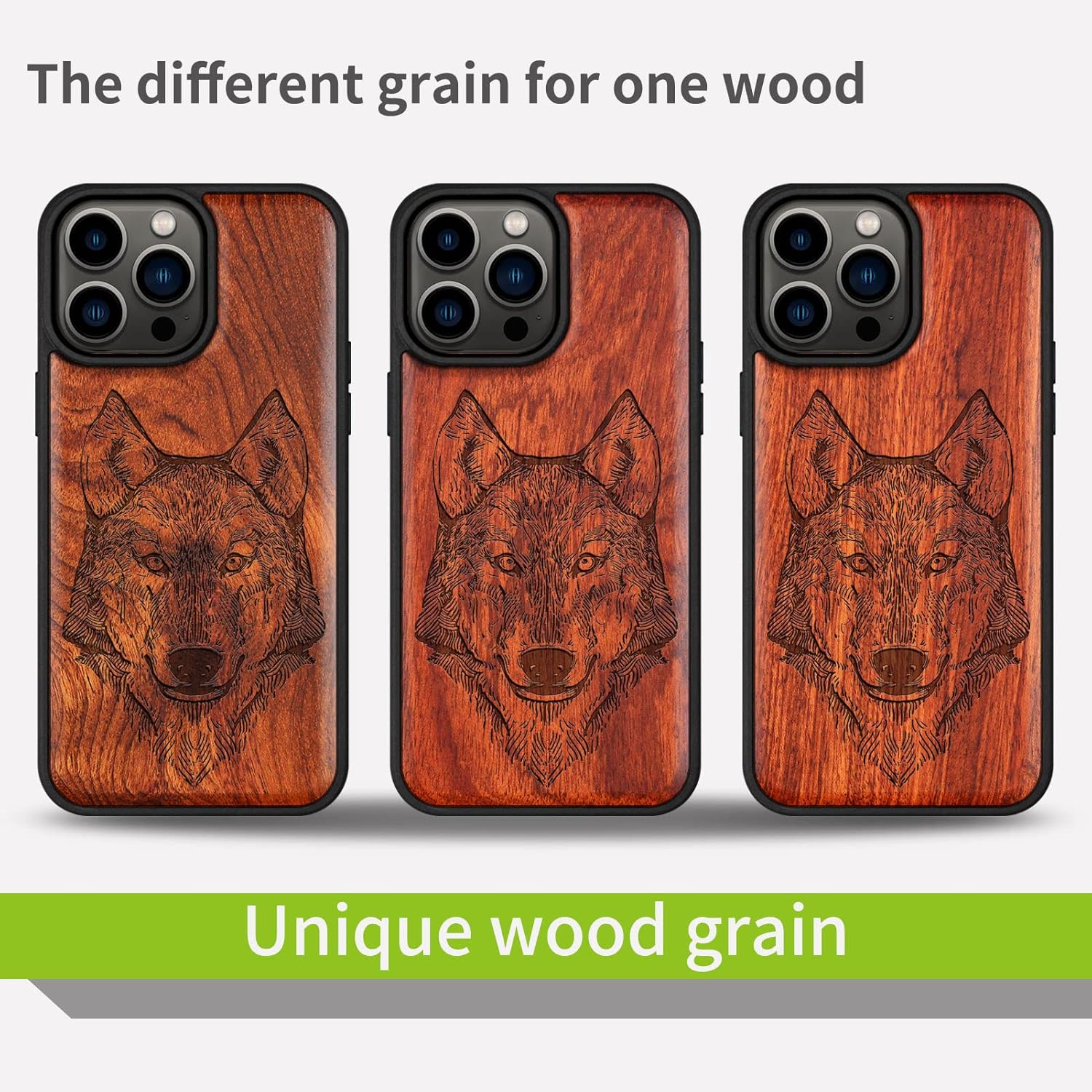 Carveit Magnetic Wood Case for iPhone 14 Pro Max [Natural Wood & Black Soft TPU] Unique & Classy Wooden Shockproof Protective Cover Compatible with magsafe (Wolf Head -Rosy)