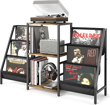 Tewinko Record Player Stand with 3-Tier Vinyl Storage, Mid-Century Modern Style, Record Stand with 2 Display Holders, Holds Up to 280 Albums