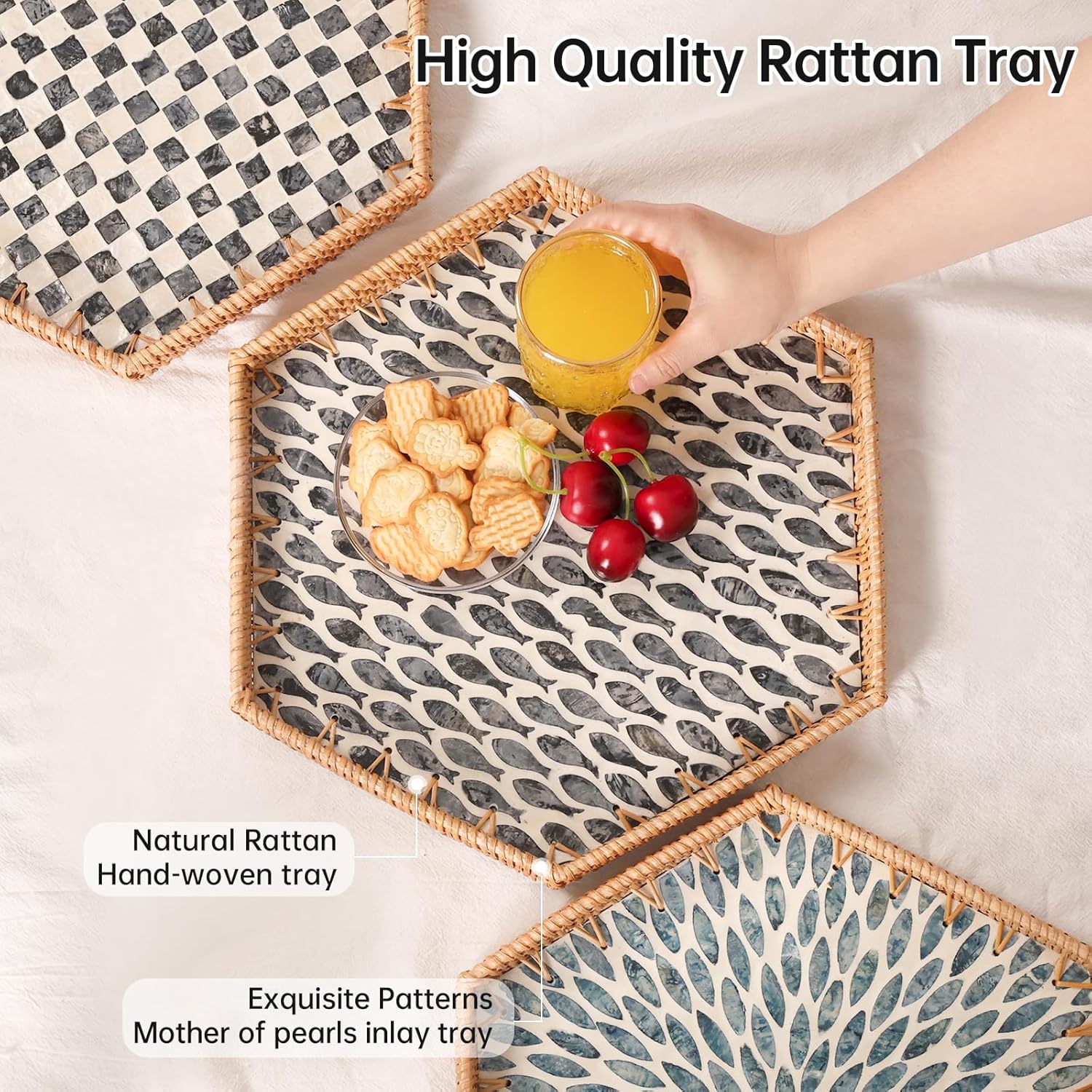 Hexagon Rattan Tray with Mother of Pearl Inlay, Rattan Serving Tray for Coffee, Bread, Fruits, Snacks, Decorative Wicker Tray for Table Decor, Home Decor (Little Bluefish, 14.5"×12.8") - Image 2