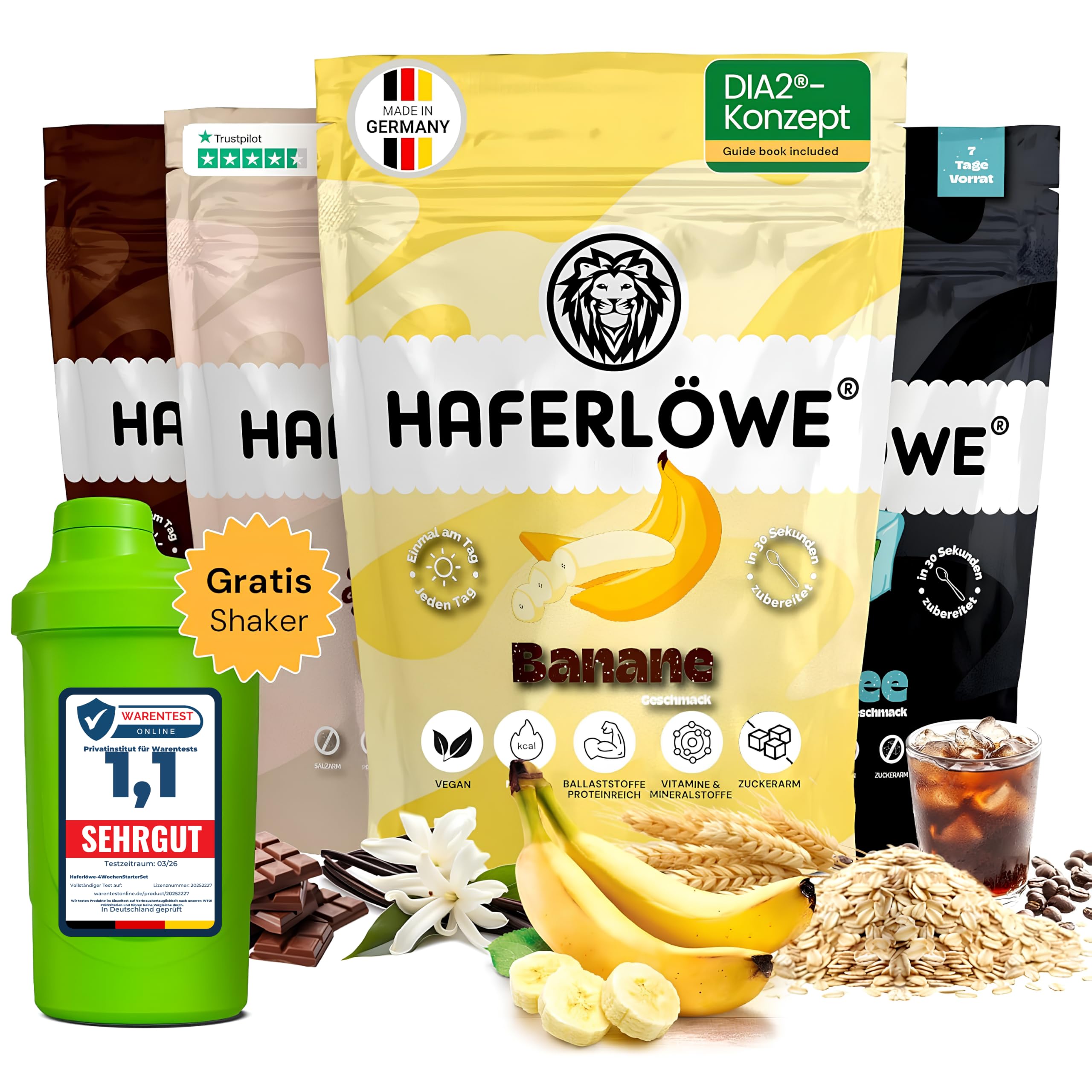 Haferlöwe Haferkur 28 Tage Starter Set, Hafertage in 4 Geschmacksrichtungen | Inkl. Gratis Shaker und Leitfaden | Protein Shake | Leckerer Diät Hafershake | DIA2® Ernährung
