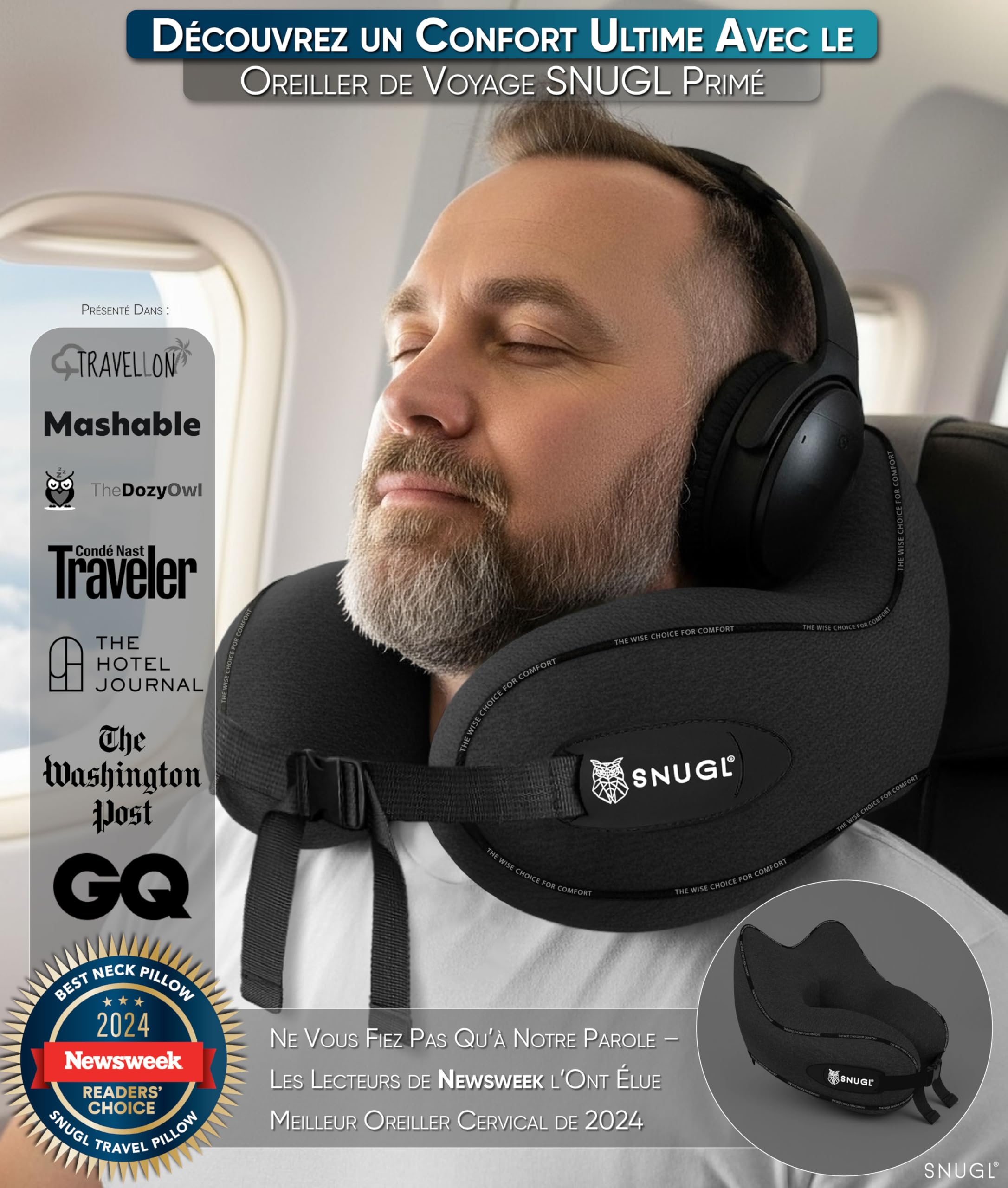 SNUGL Oreiller memoire Forme Ergonomique | Coussin de Voyage Avion Confortable | Oreiller de Voyage avec Tour de Cou | Accessoire pour Train, Voiture, Avion (Noir - Régulière)