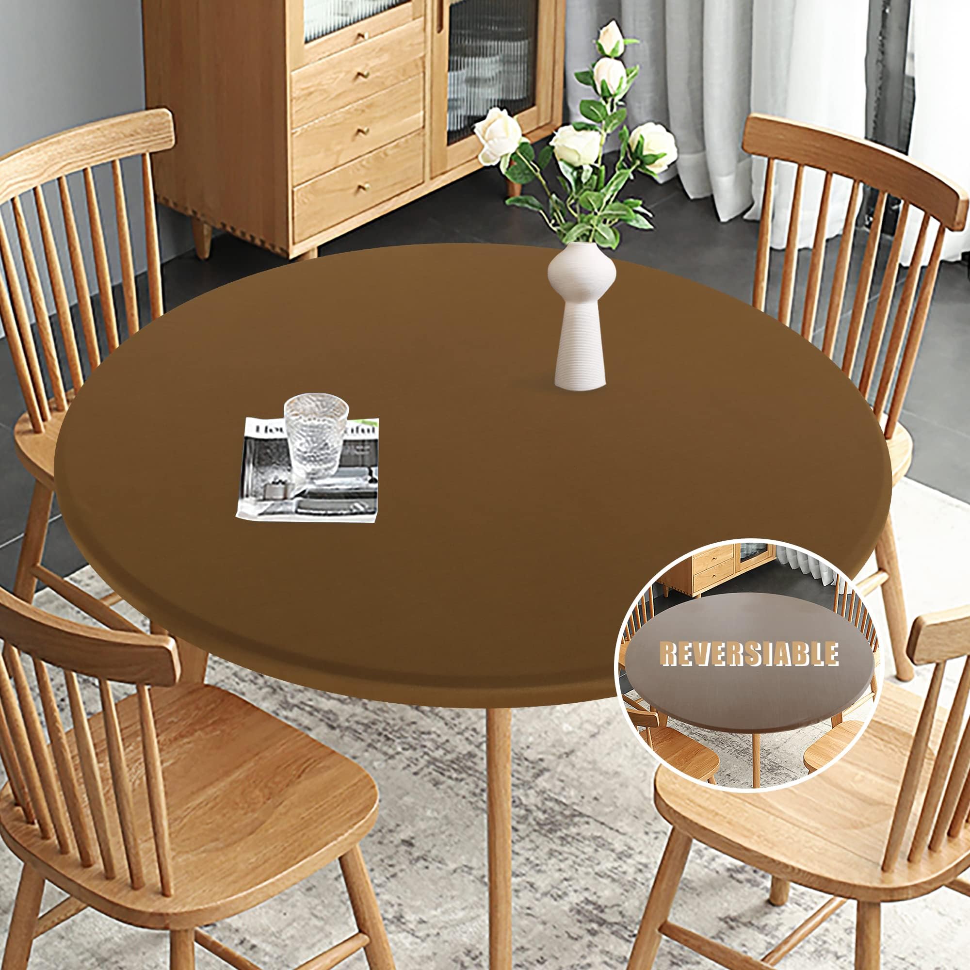 Obstal Fitted Round Table Cloth, Reversible Waterproof Stain Resistant Elastic Stretch Tablecloth, Wipe Clean Table Cover for Outdoor/Indoor Use, Fits Round Tables up to 45" - 59" Diameter, Coffee