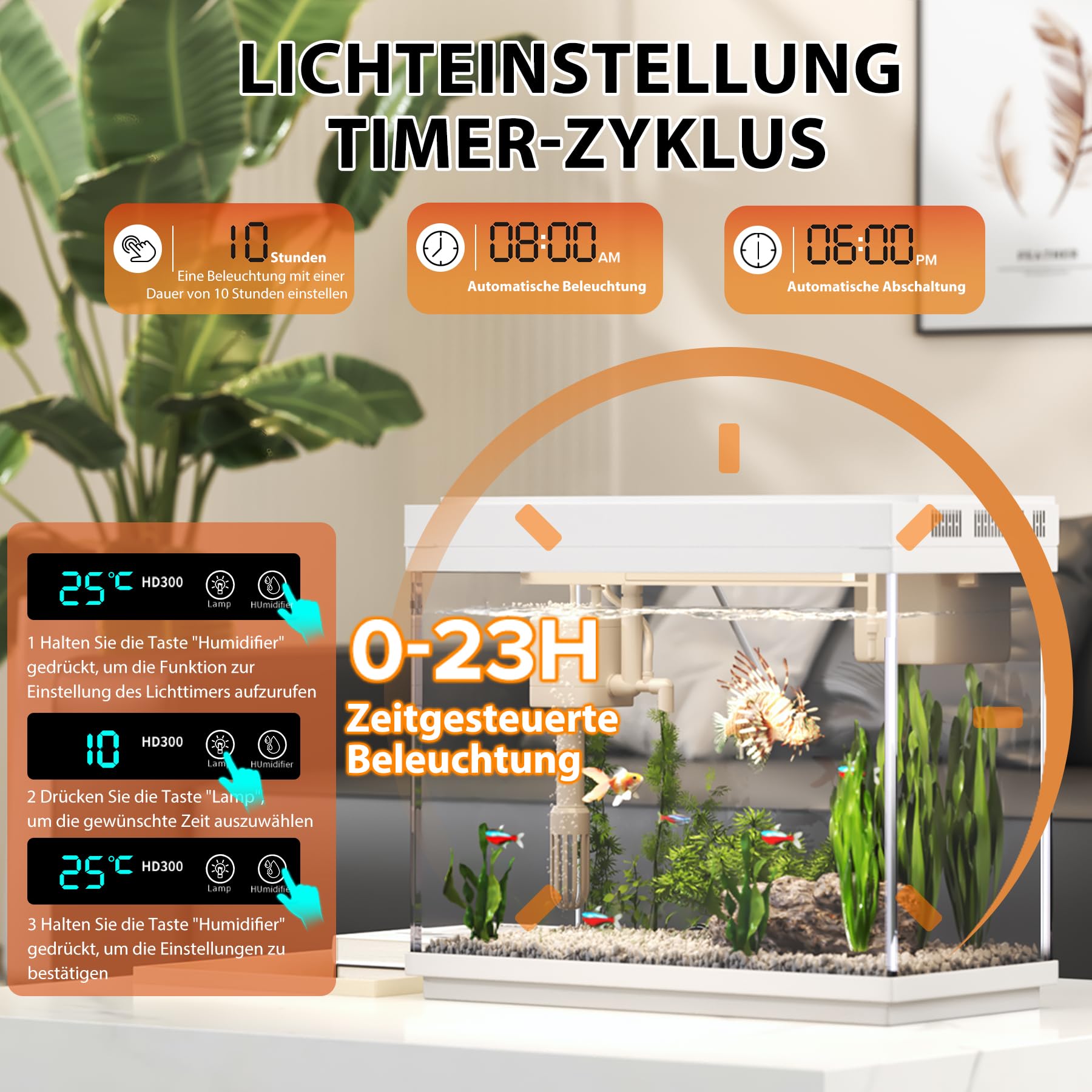 Vehipa 9L Aquarium Komplettset, Mini Nano Aquarium Büro-Desktop-Dekoration | mit Filter, Heizer, 7-farbige Beleuchtung, intelligentem Luftbefeuchter