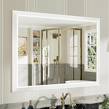 40x30 Inch White Bathroom Mirror for Wall, Thick Metal Framed Rectangle Mirrors for Over Sink, Bedroom, Living Room, Entryway, Anti-Rust, HD Tempered Glass