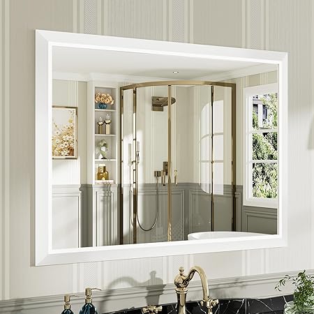 40x30 Inch White Bathroom Mirror for Wall, Thick Metal Framed Rectangle Mirrors for Over Sink, Bedroom, Living Room, Entryway, Anti-Rust, HD Tempered Glass