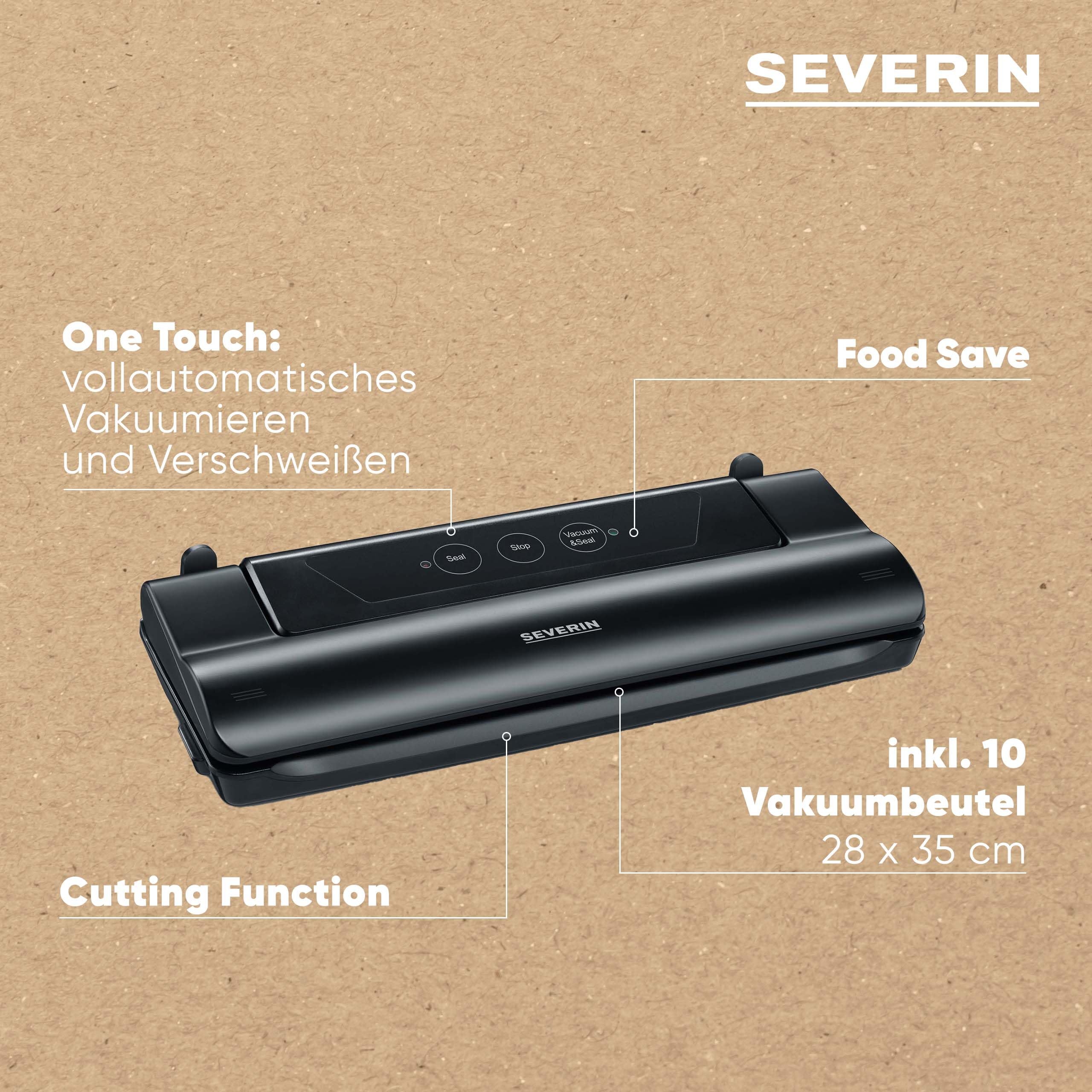 Severin FS 3610 Macchina per confezionamento sottovuoto, aspirazione e sigillatura Automatica, taglierina Integrata, compatta, 110 W, Nero