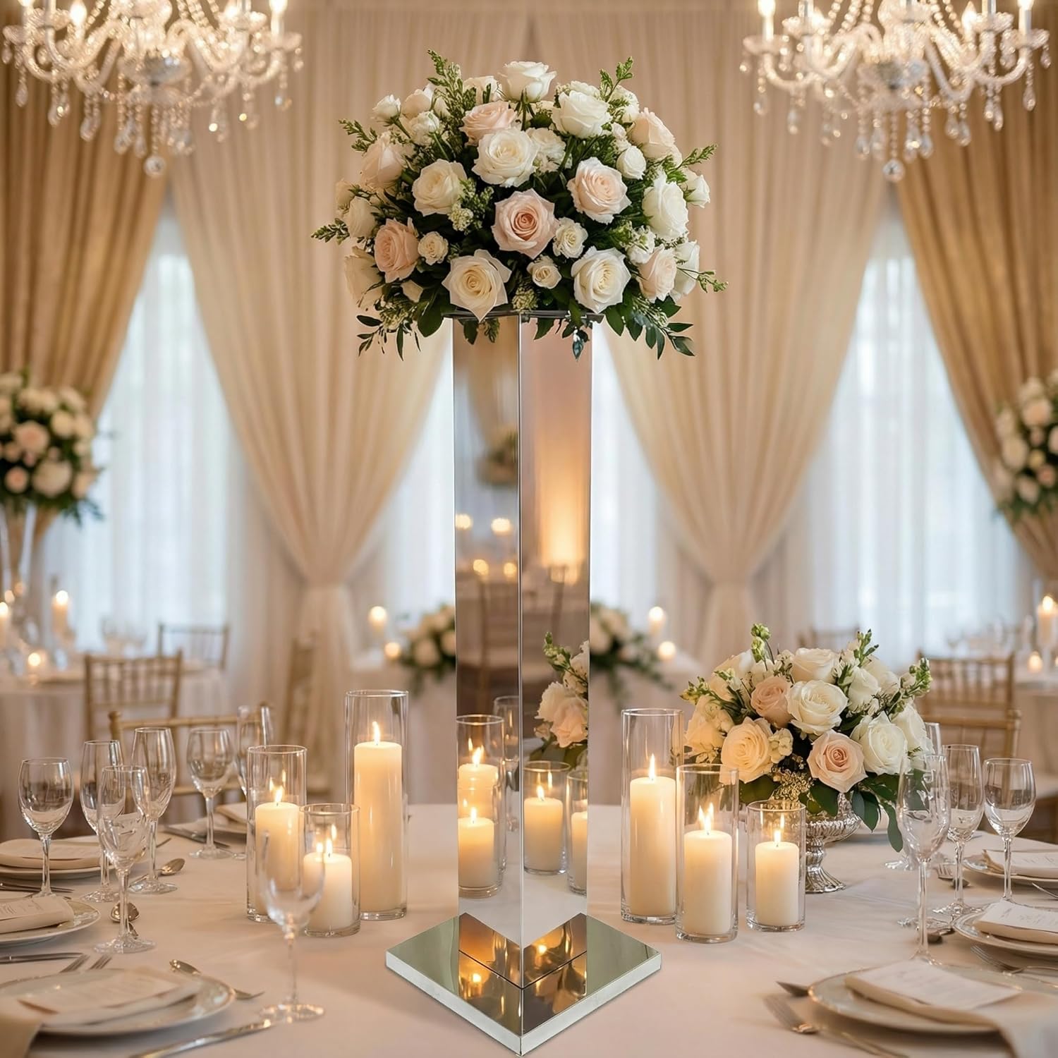 2PCS Tall Silver Vases for Centerpieces,31.5inch Stainless Steel Column Geometric Centerpieces Wedding Flower Stand Flower Floor Vase for Tables Wedding Anniversary