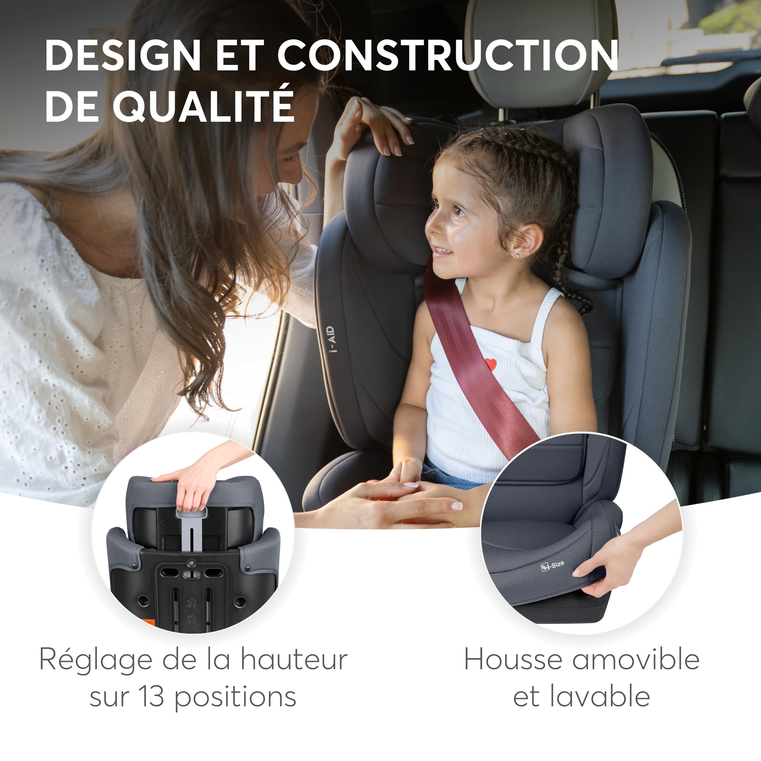 KikkaBoo Siège auto 15 à 36 kg i-AID, Siège Auto Enfant 100-150 cm, Groupe 2/3, Rehausseur à Dossier, Installation Ceinture, Appuie-tête Réglable 13 Positions, i-Size, Housse Lavable, Noir