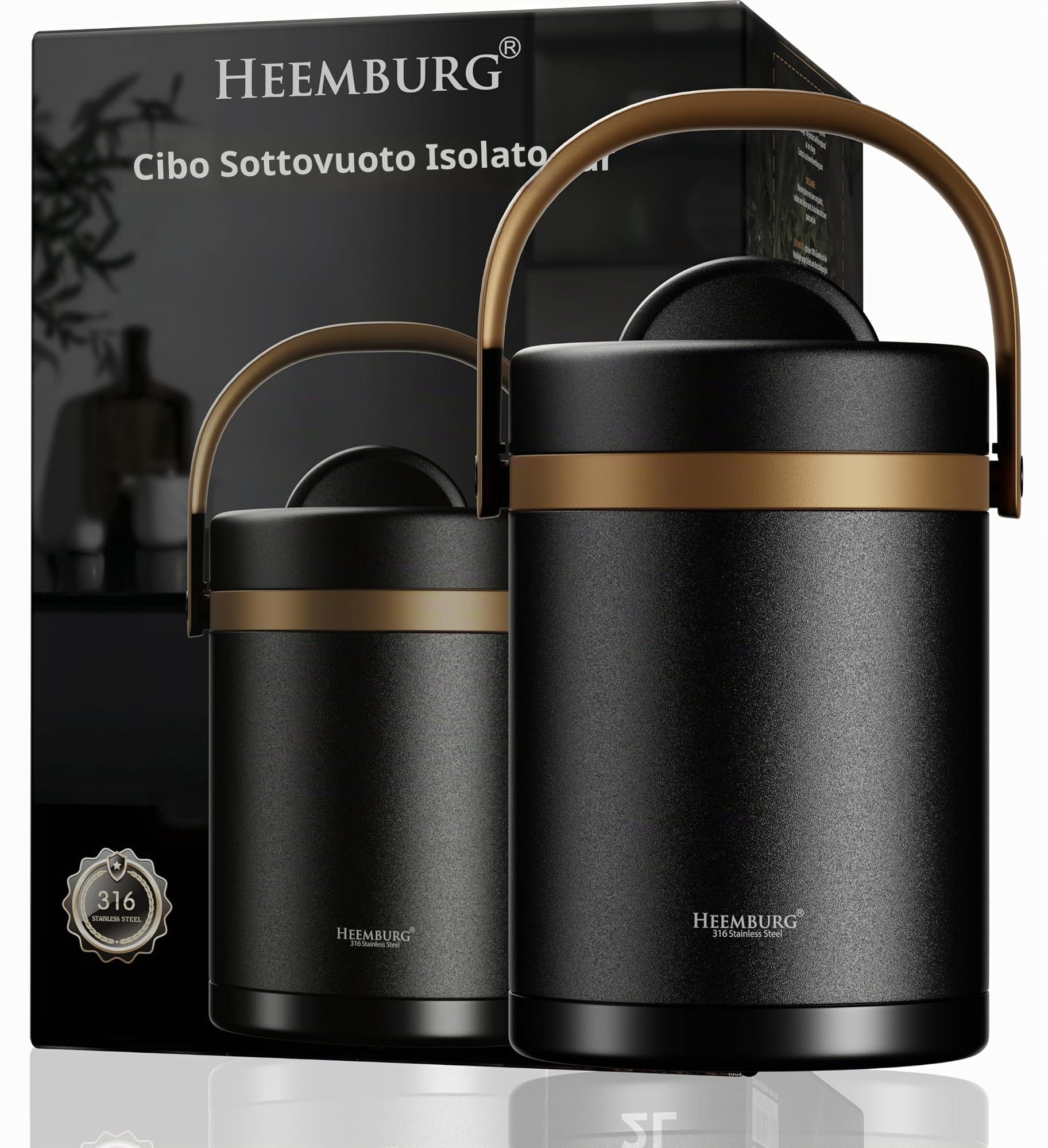 Heemburg Contenitore termico per il pranzo, barattolo isolato, in acciaio inox, per pasti, zuppe, frutta, per ufficio e uso esterno (nero, 2 L)
