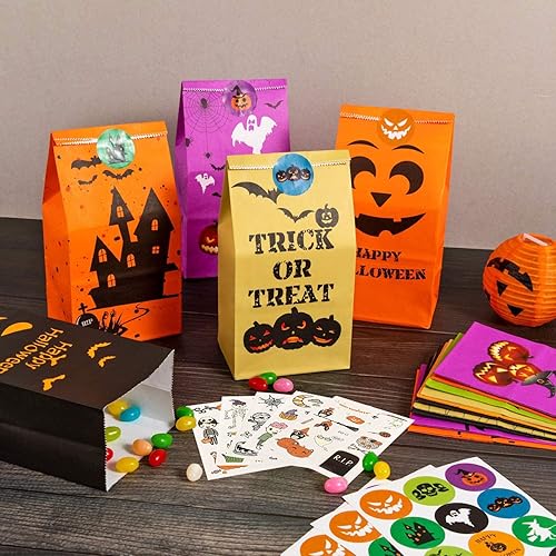 Miniatura 4 de Bolsas de golosinas de Halloween, recuerdos de fiesta, 80 bolsas de dulces de Halloween para niños para dulce o dulce + 84 calcomanías de Halloween,