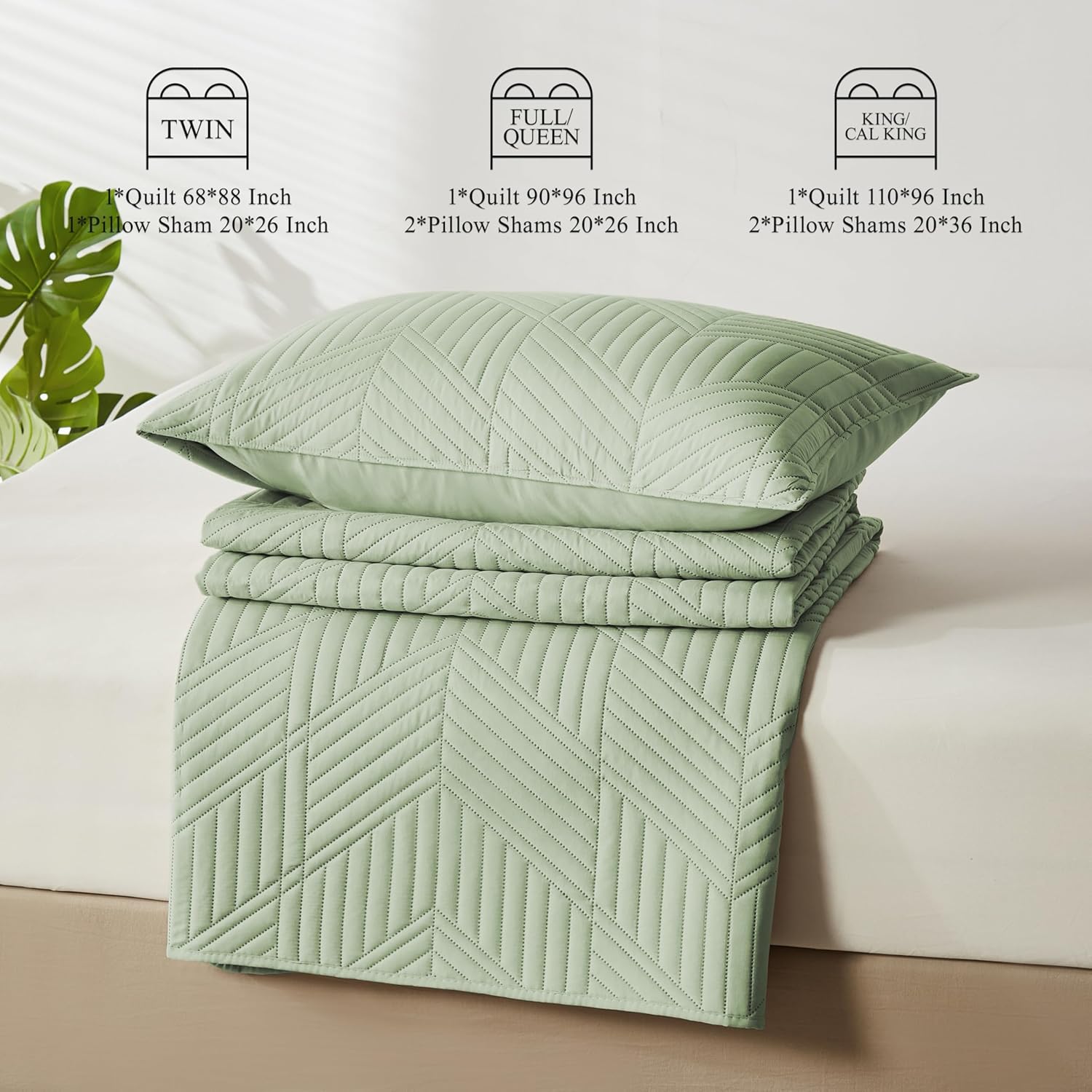 Davulos Twin Quilt Bedding Set,Sage Green Ultrasonic Quilt Set Reversible Microfiber Bedspread,Lightweight Soft Modern Geometric Coverlet Set for All Seasons(1 Quilt,1 Pillow Sham)
