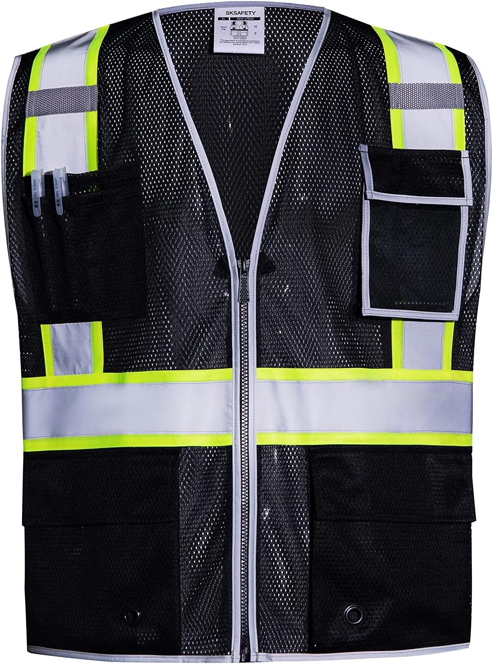 SKSAFETY 10 Pockets Safety Vest, Class 2 High Visibility Security with Zipper Double-sided mesh, Hi Vis Vest with Reflective Strips, ANSI/ISEA Standard, Construction Work Vest (Black, 2XL)