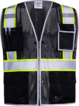 SKSAFETY 10 Pockets Safety Vest, Class 2 High Visibility Security with Zipper Double-sided mesh, Hi Vis Vest with Reflective Strips, ANSI/ISEA Standard, Construction Work Vest Black, 5XL