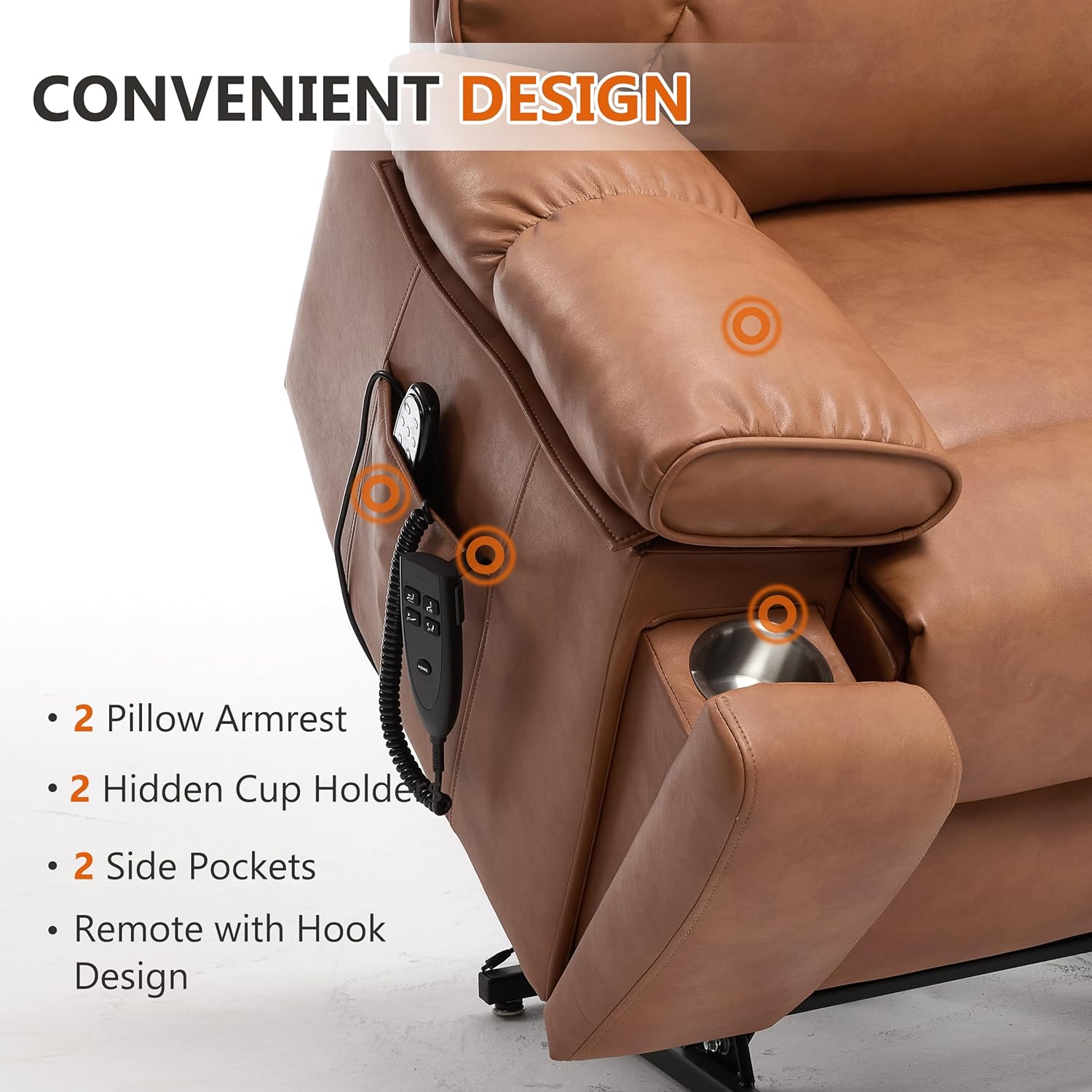 Dual Motor Power Lift Chair for Elderly with Vibration Massage and Lumbar Heating for Living Room, Electric Lay Flat Recliner with Cup Holders Remote Controls, Medium-Firm Faux Leather, Yellow Brown