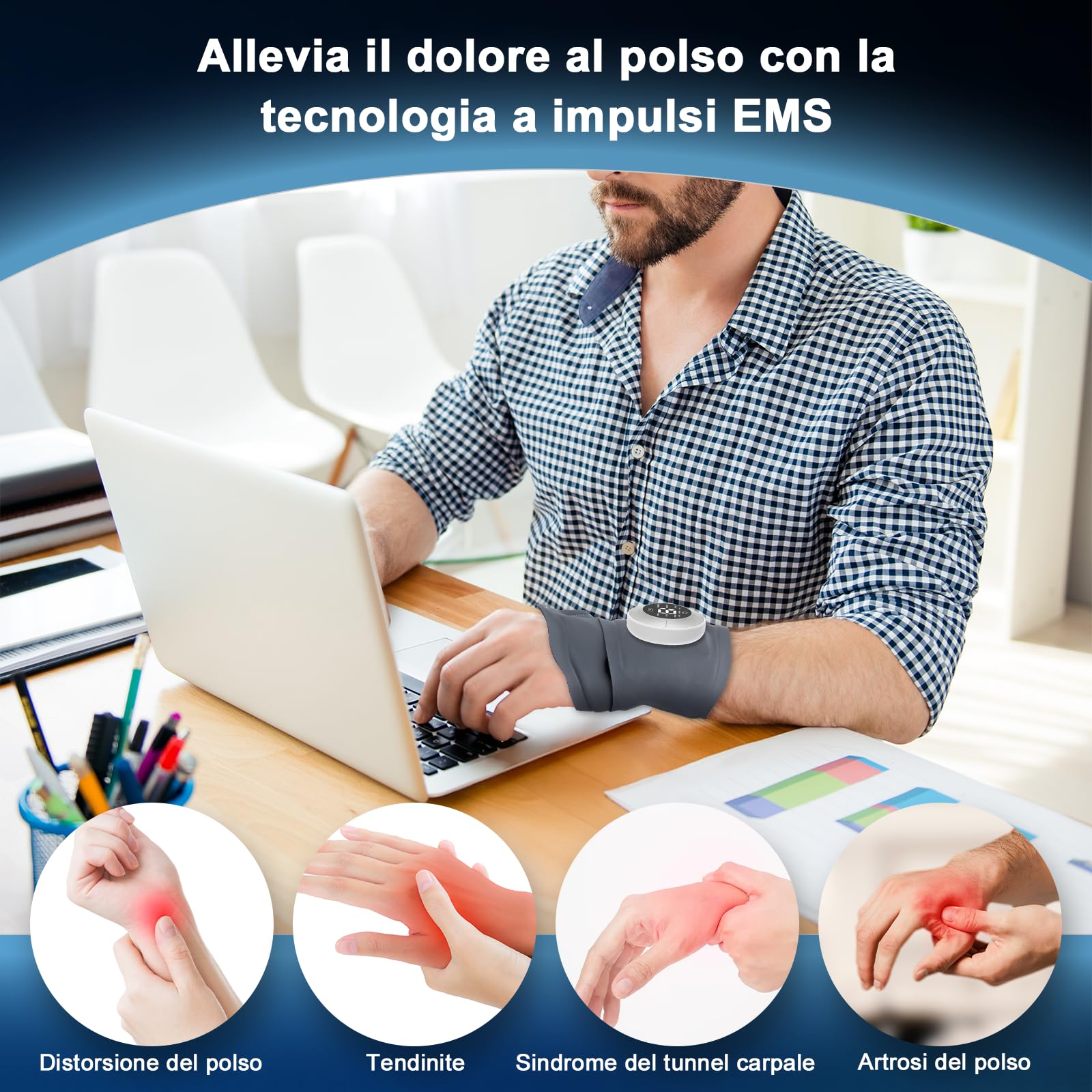 Massaggiatore da Polso EMS, Massaggiatore per Mani Senza Fili con Calore, 6 Modalità/19 Intensità, Supporto per Polsi per Tendinite e Sindrome del Tunnel Carpale, Fasce per Polsi Sinistra/Destra