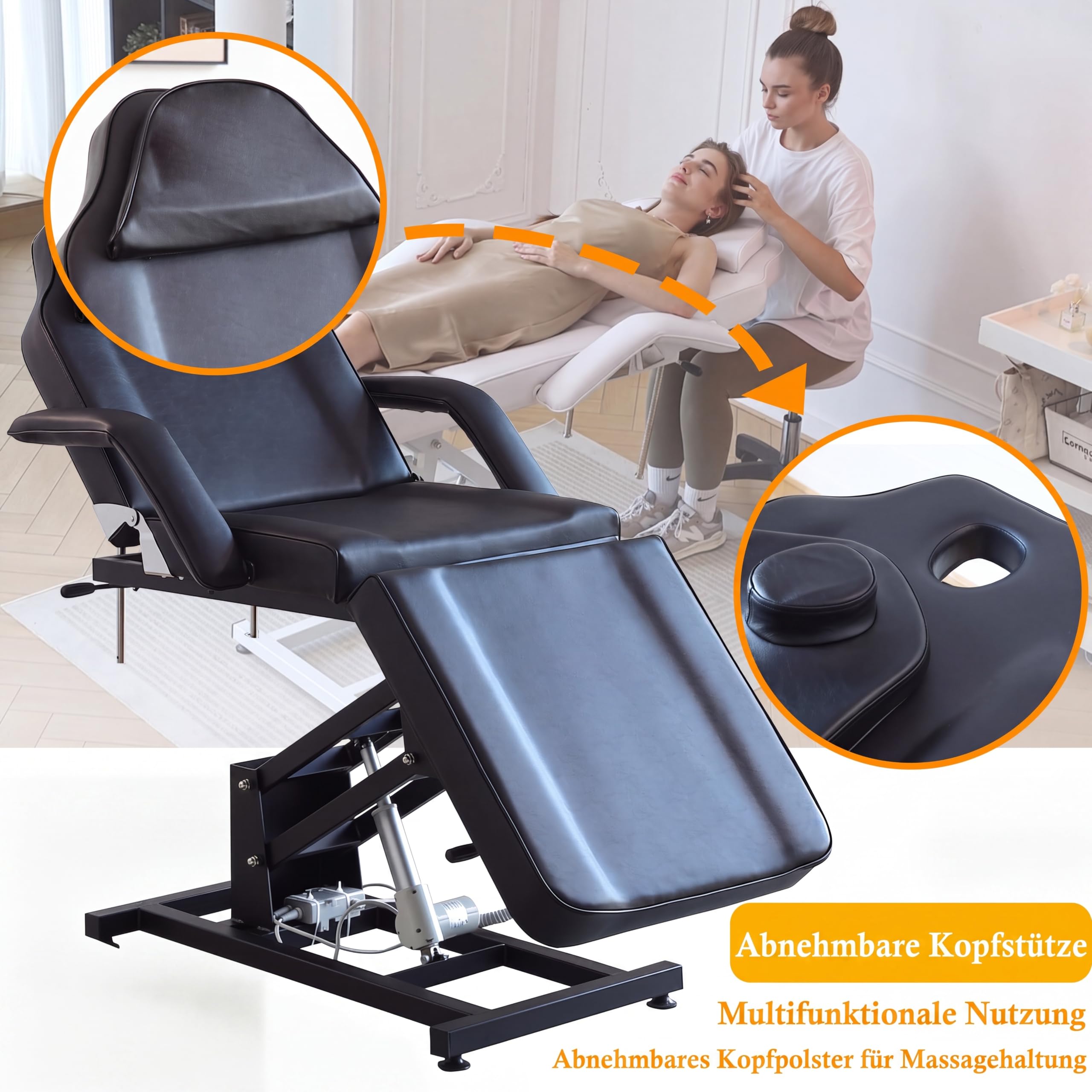 Kosmetikliege Elektrisch, Kosmetikstuhl Höhenverstellbare, Massagetisch & Tattooliege mit abnehmbaren Armlehnen & Kopfteile, Massageliegen PU-Leder Set für Spa, Tattoo, Gesichtspflege (Schwarz)