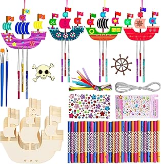10 Piezas Kit de Campanas de Viento de Bricolaje Para Niños, Manualidades de Piratas Para Niños, Barco Pirata de Madera Para Niños, Con Pinceles y Pegatinas Para La Decoración de Pintura Diy Infantil