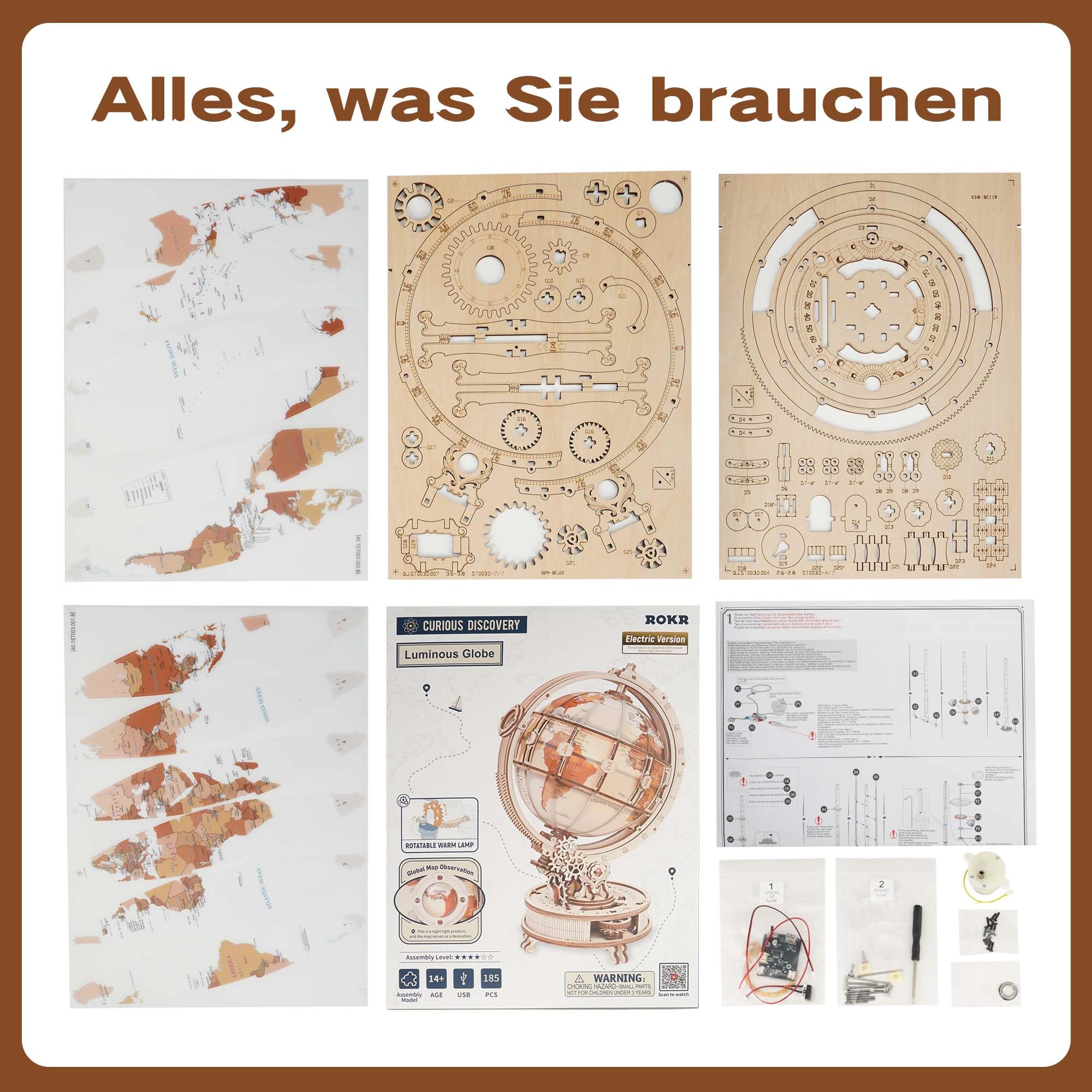 ROKR 3D Holzpuzzle Neuer Elektrischer Globus Modellbausätze Erwachsene,Tischregal-Dekoration,Geschenk für Geburtstag und Feiertage