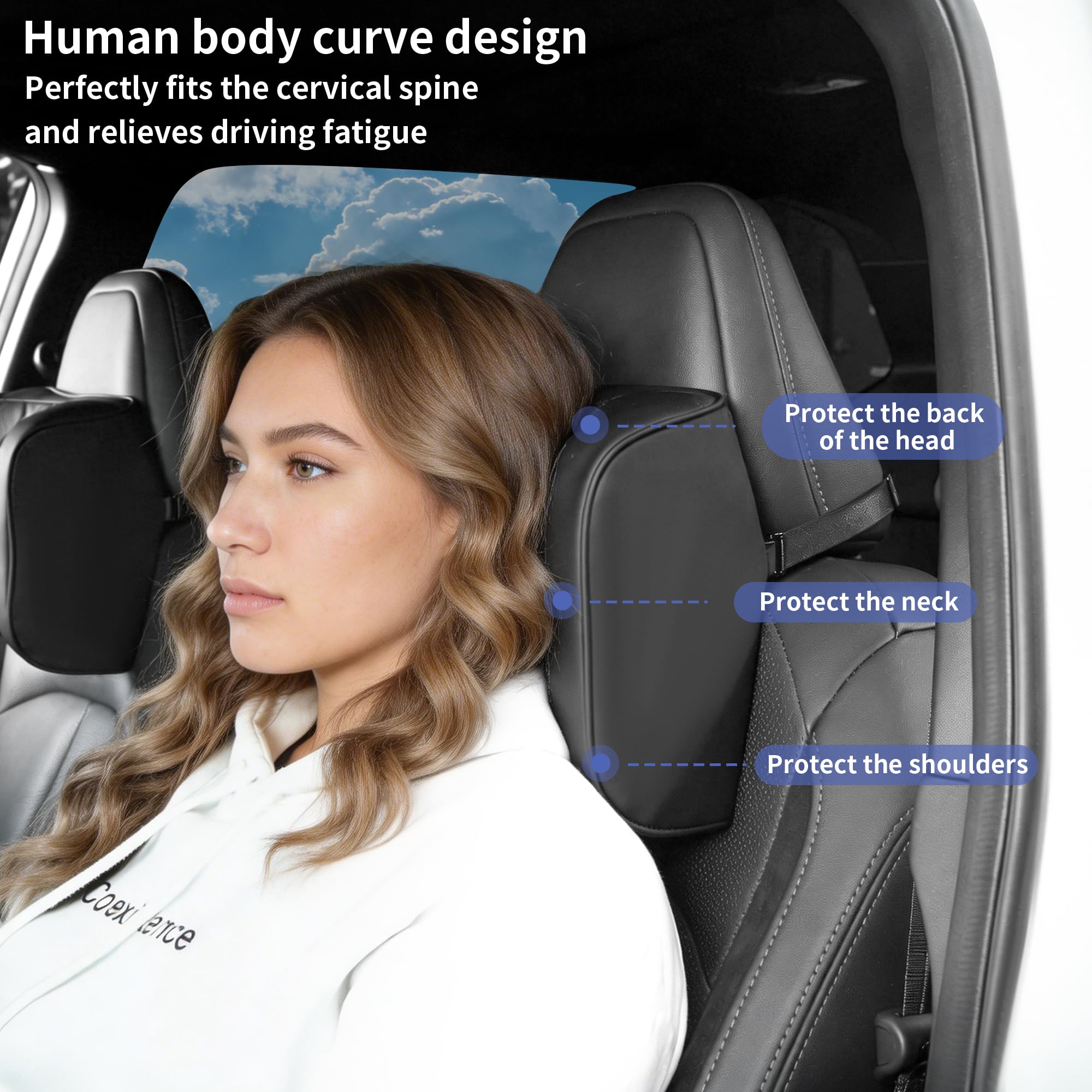 Poggiatesta Auto Cuscino, Cuscino Auto Collo Pillow Memory Foam Supporto Testa Seggiolino Auto Per la Guida, 2 Piece, Nero