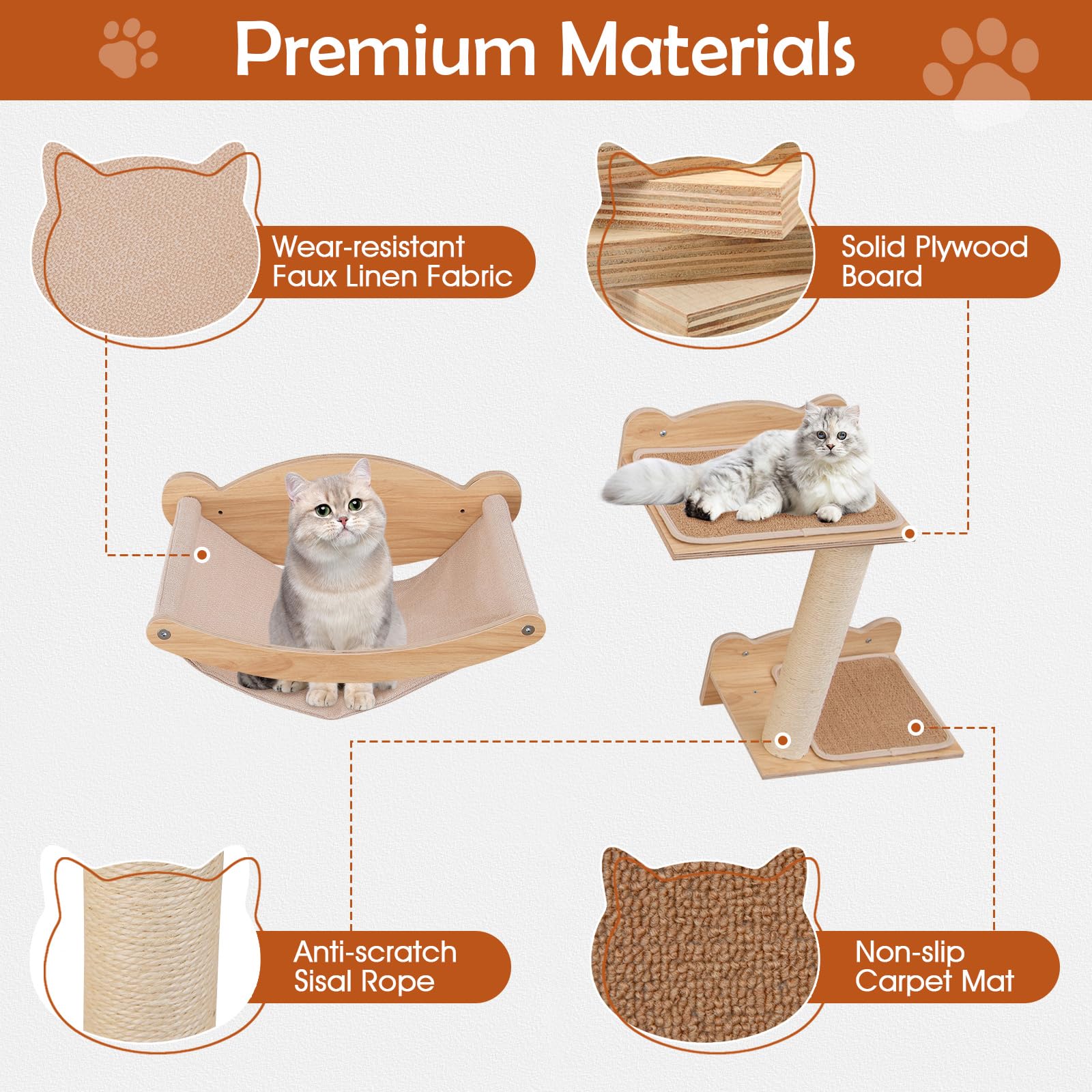 Tangkula Cat Wall Shelves, 4 Pieces Wooden Wall Mounted Kitten Furniture Set with Hammock, 2-Step Cat Tree, Non-Slip Pads, Sisal Stairs & Scratching Posts, Modern Cat Climber Steps (Natural) - image 4