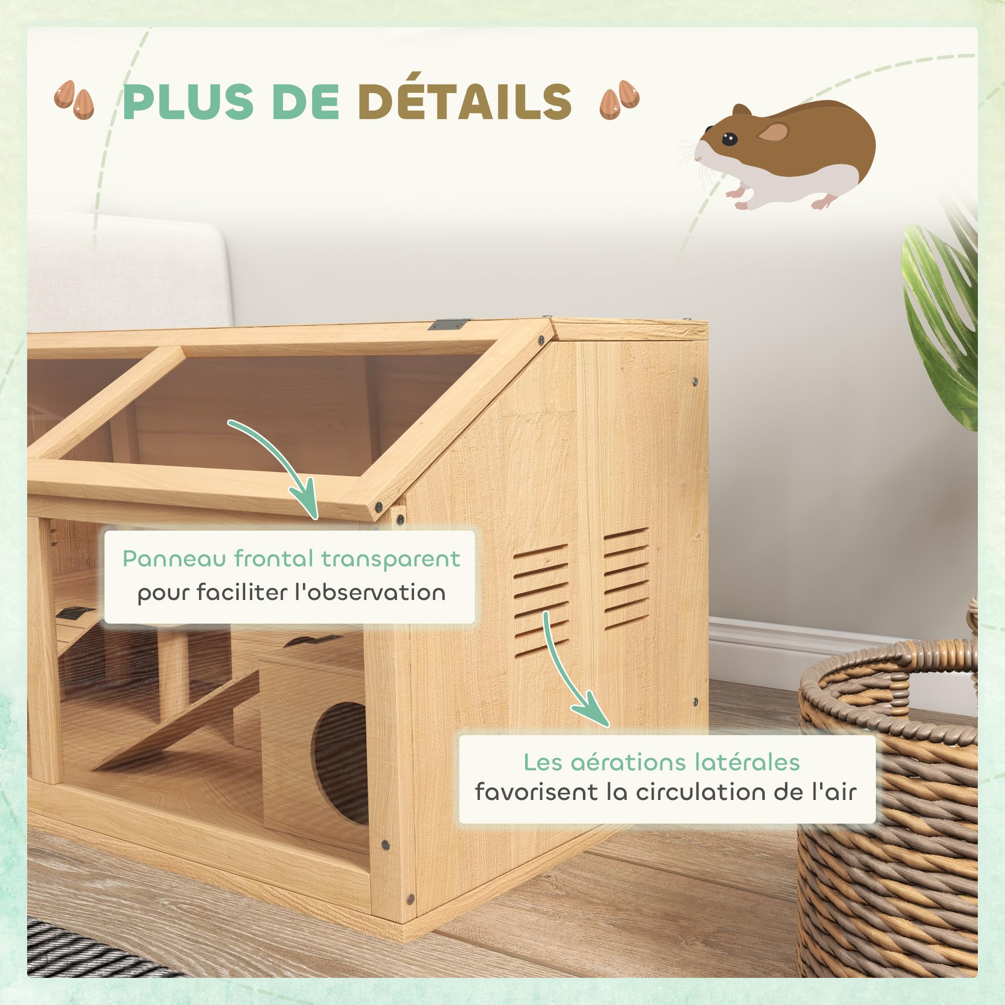PawHut Cage Hamster en Bois avec Acrylique, 85x45x44cm - Habitat Grand pour Rongeur avec Ventilation, Couvercle ouvrant et Accessoires - Terrarium pour gerbilles et Souris, Effet Bois Naturel