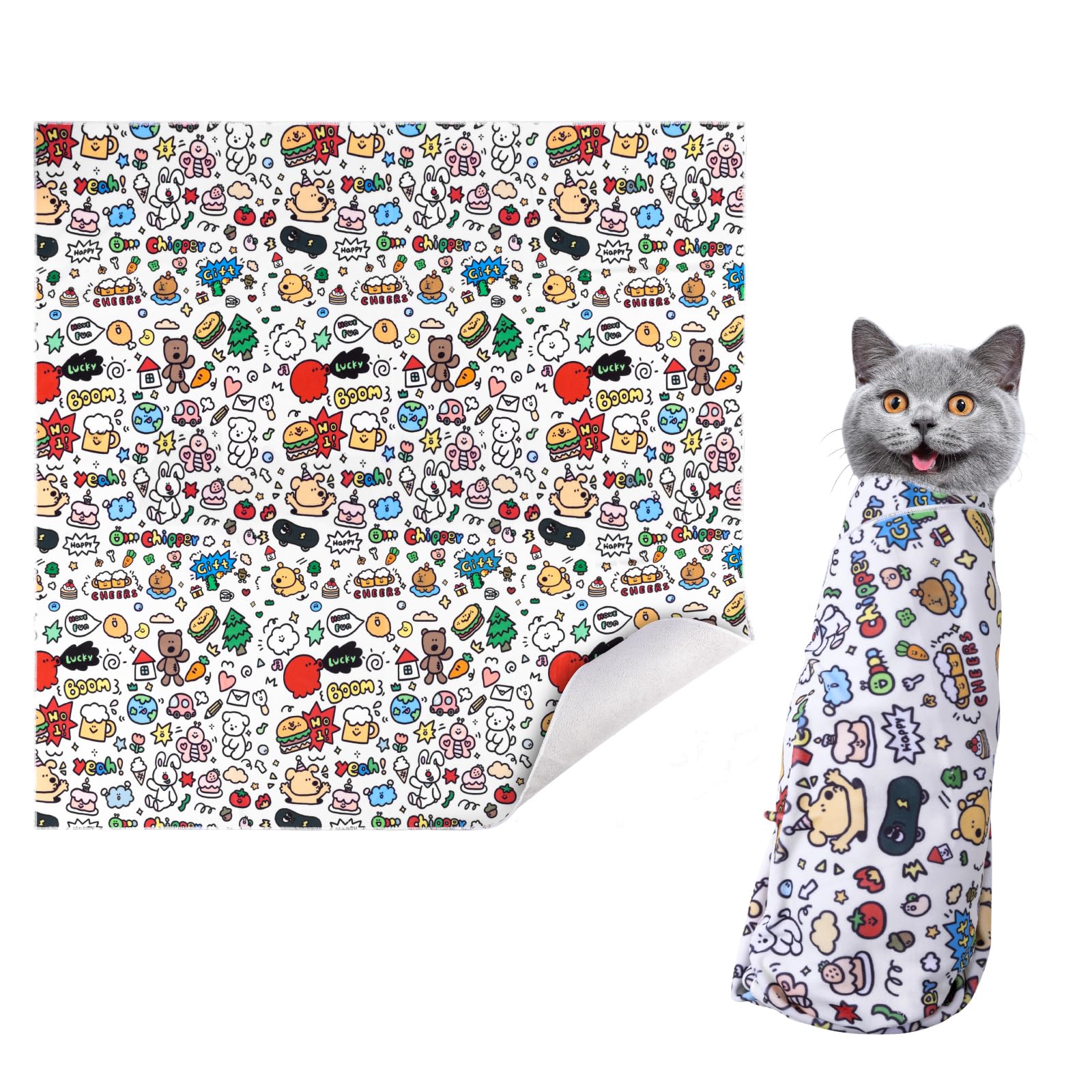 Likesing Cat Wrap for Grooming, Velcro Fabric for Cats Pet, Calm and Cozy Cat Swaddle Wrap Burrito Wrap Cat Restraint for Nail Clipping Medication Clean Ears Brush Teeth (Cuddly, 26.7 Inch(±1Inch))