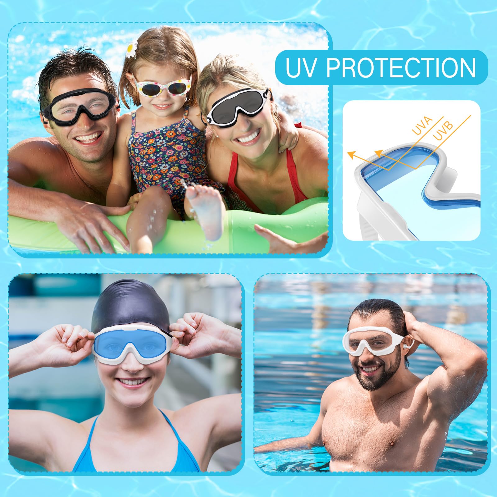 Kanayu 6 gafas de natación de visión amplia, sin fugas, antivaho, para adultos, con tapones para los oídos, clip de nariz para adultos, hombres y mujeres