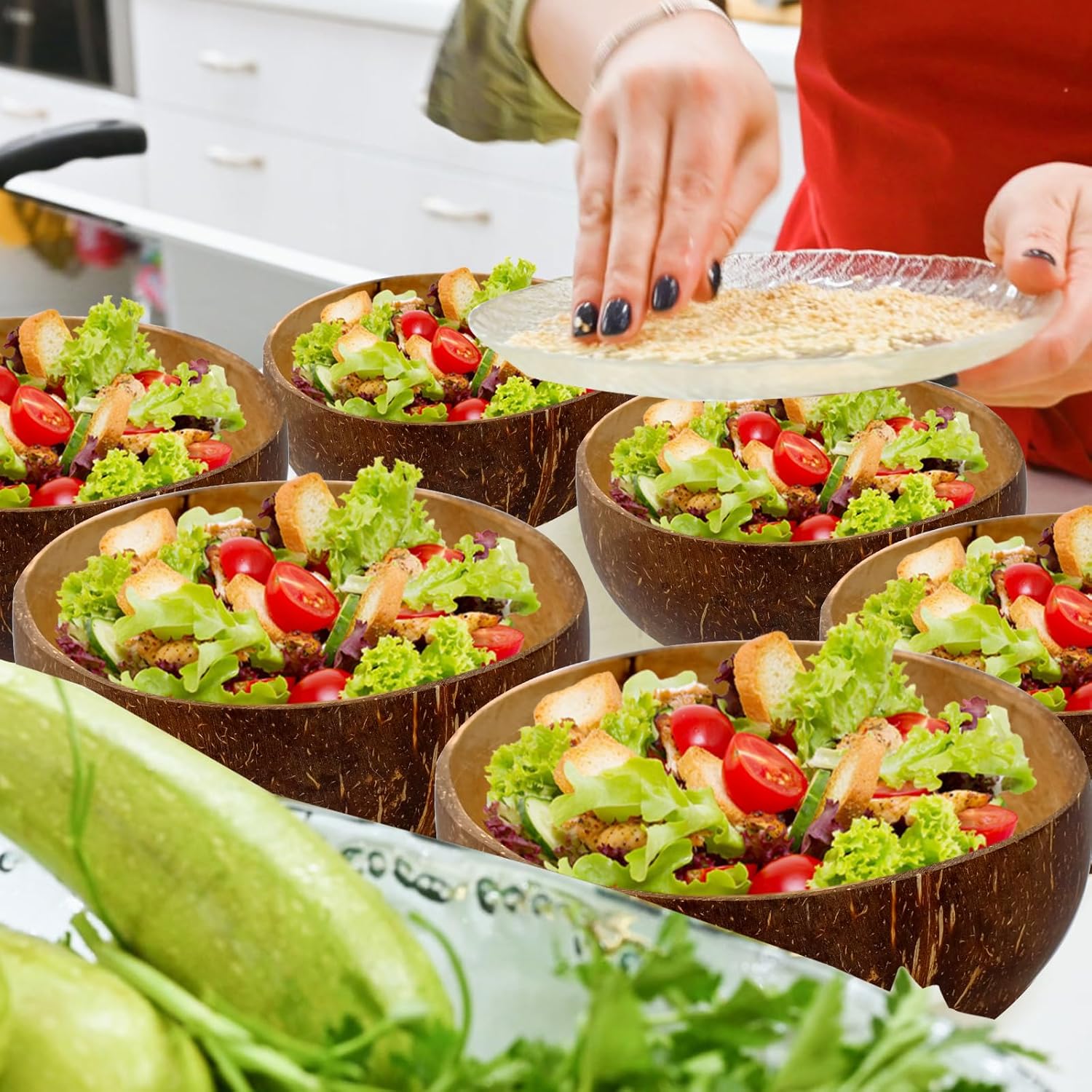 14 Pcs Coconut Shell Bowls Small Polished Wooden Bowls for Smoothie Acai Salad and Vegan Gifts, Natural Rustic Kitchen Decor (Large)