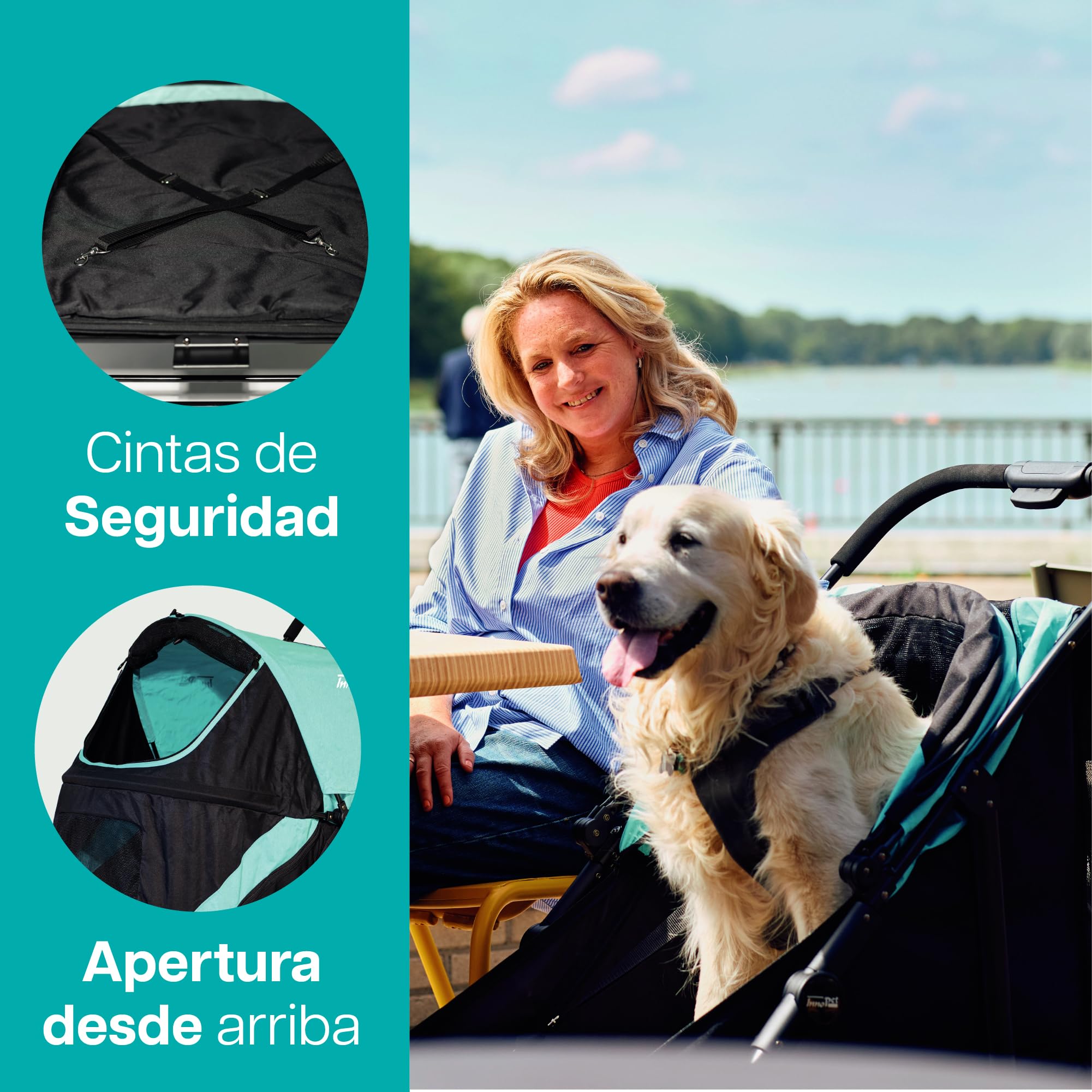 Innopet Mamut carrito grande azul - Cochecito para perros grandes hasta 50kg, incluye cubierta de lluvia, plegado rápido y ruedas delanteras giratorias